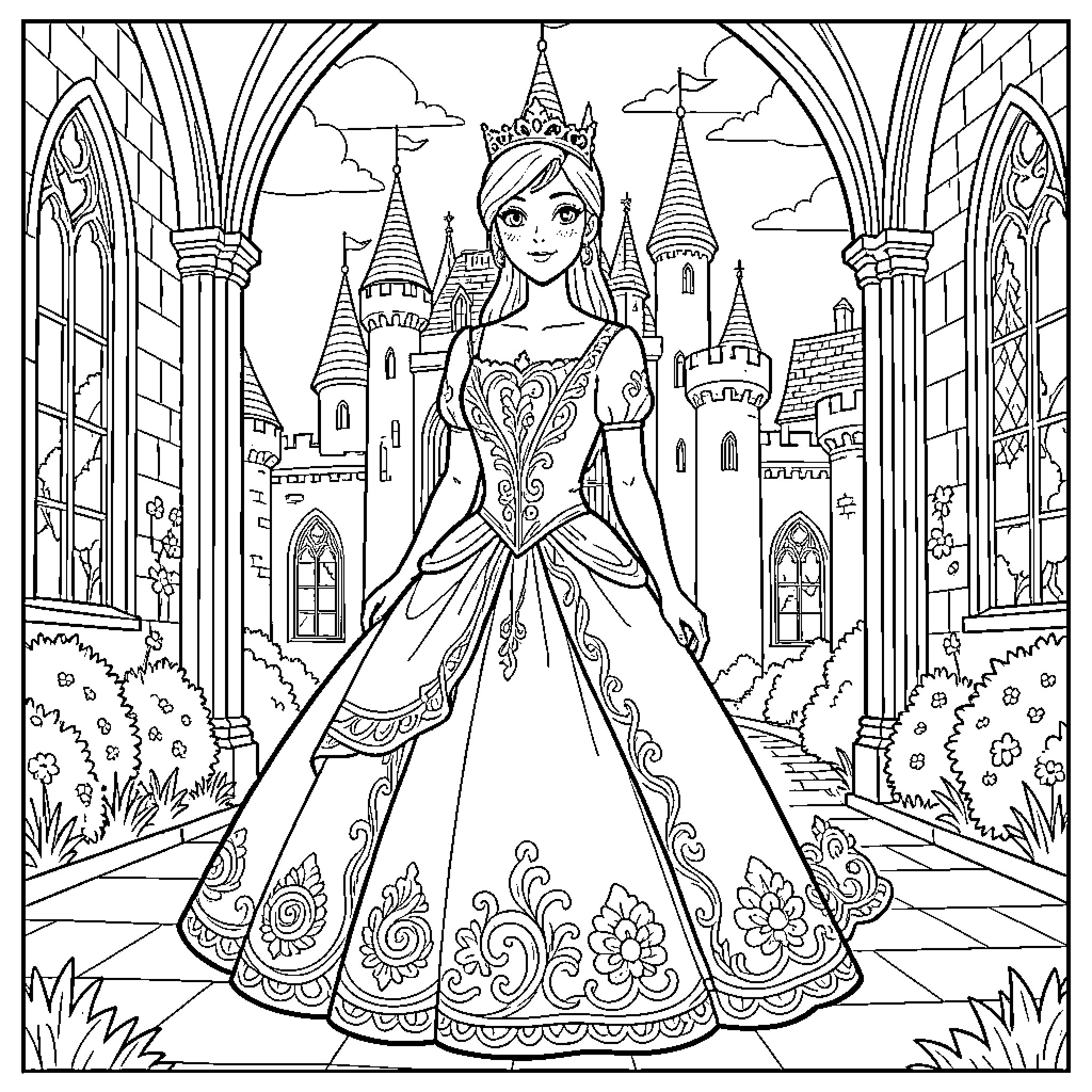 Princess standing elegantly in front of a castle Coloring Page (free black-and-white line drawing printable PDF for all, from beginners to advanced learners, including children, teens, adults, and seniors)