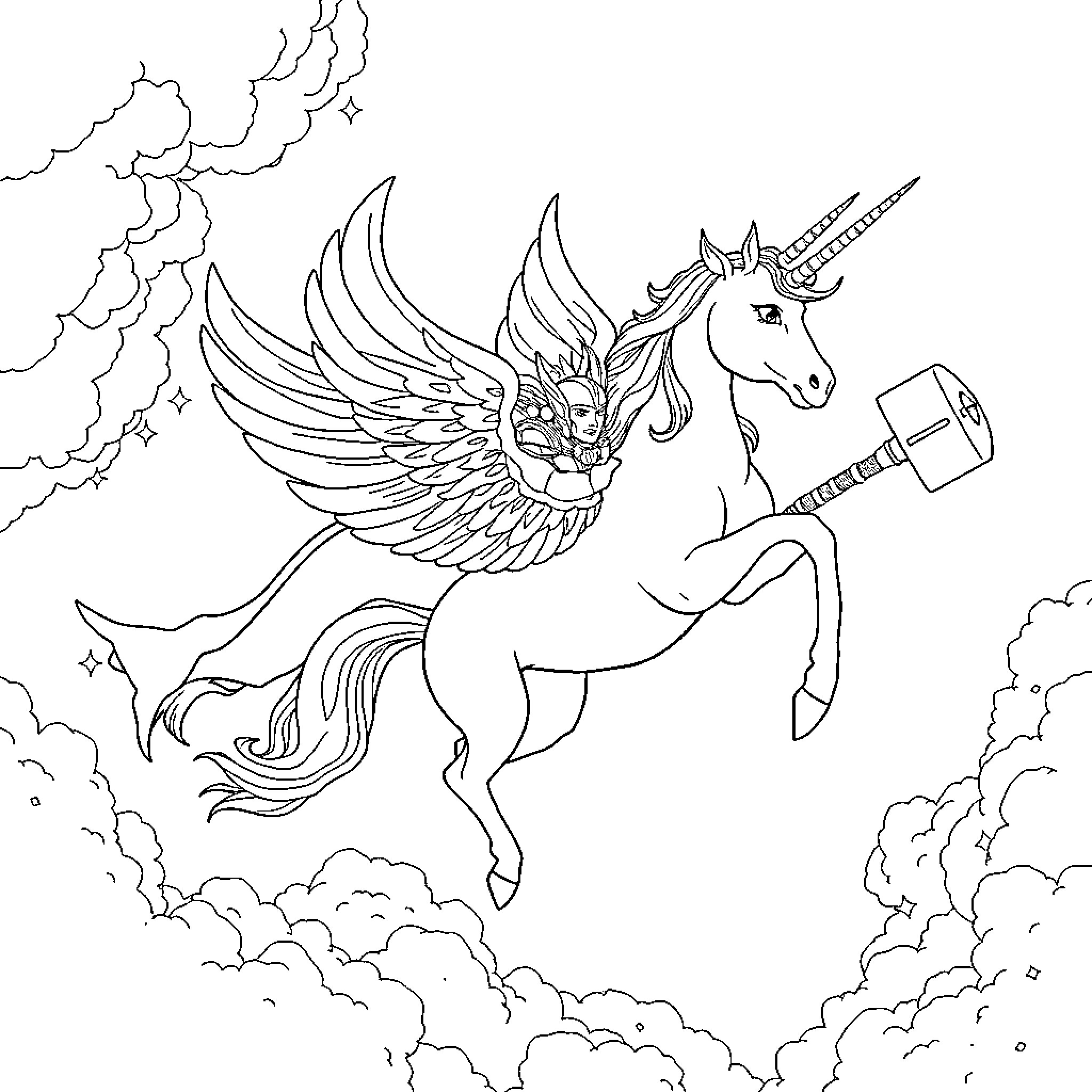 Unicorn Soaring through Magical Skies with Hammer Coloring Page (free black-and-white line drawing printable PDF for all, from beginners to advanced learners, including children, teens, adults, and seniors)