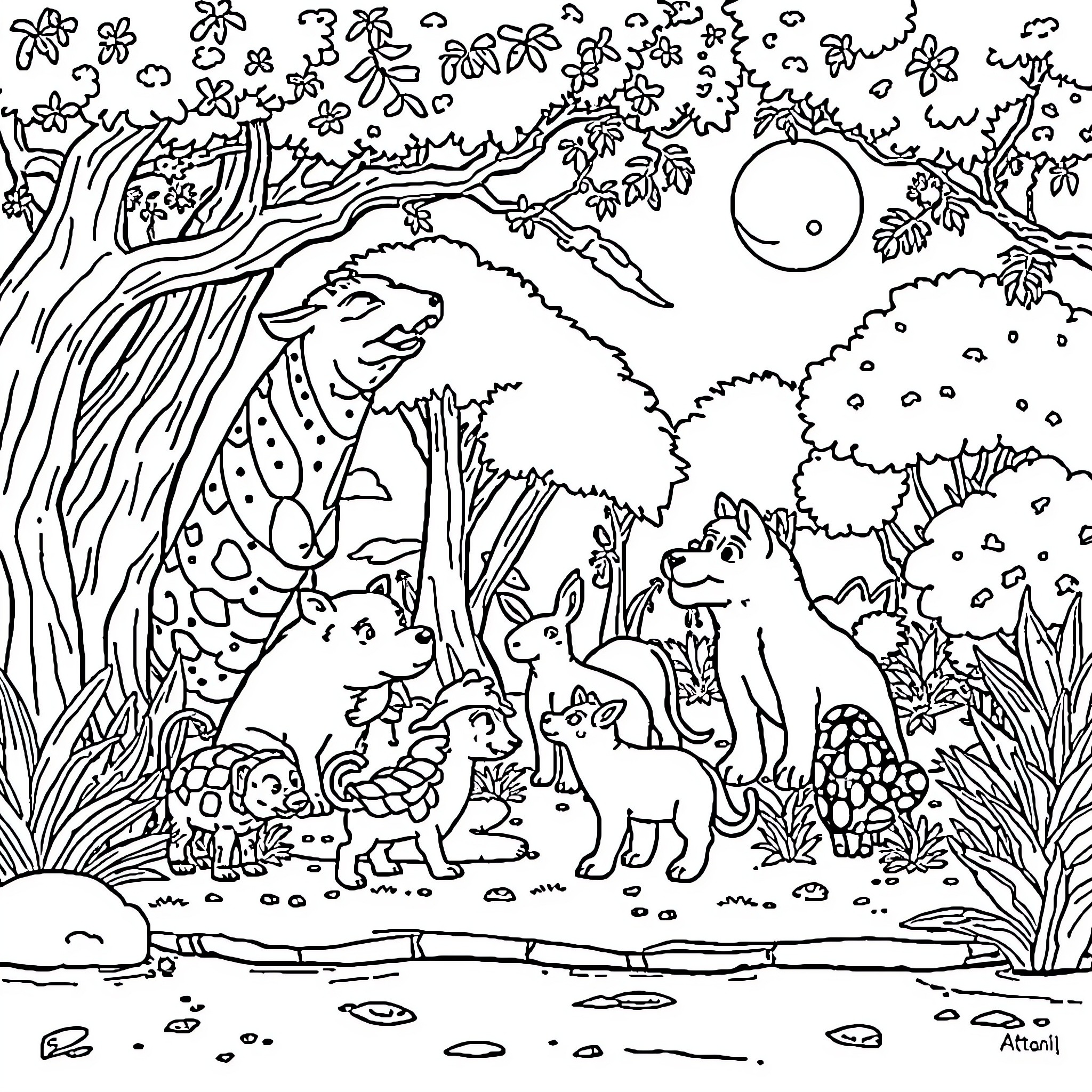 Animal friends enjoying nature in the forest Coloring Page (free black-and-white line drawing printable PDF for all, from beginners to advanced learners, including children, teens, adults, and seniors)