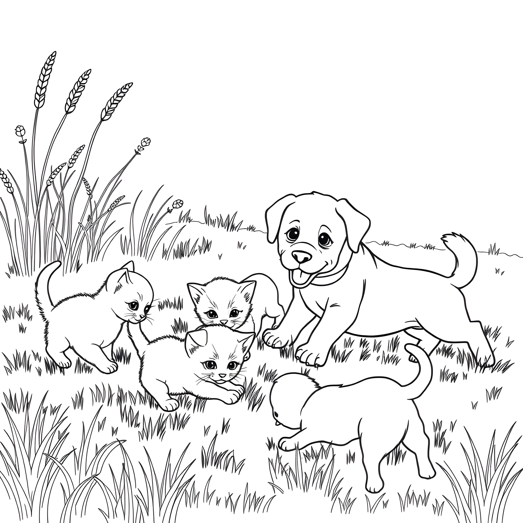 Cat and Puppies Frolicking in the Meadow Coloring Page (free black-and-white line drawing printable PDF for all, from beginners to advanced learners, including children, teens, adults, and seniors)
