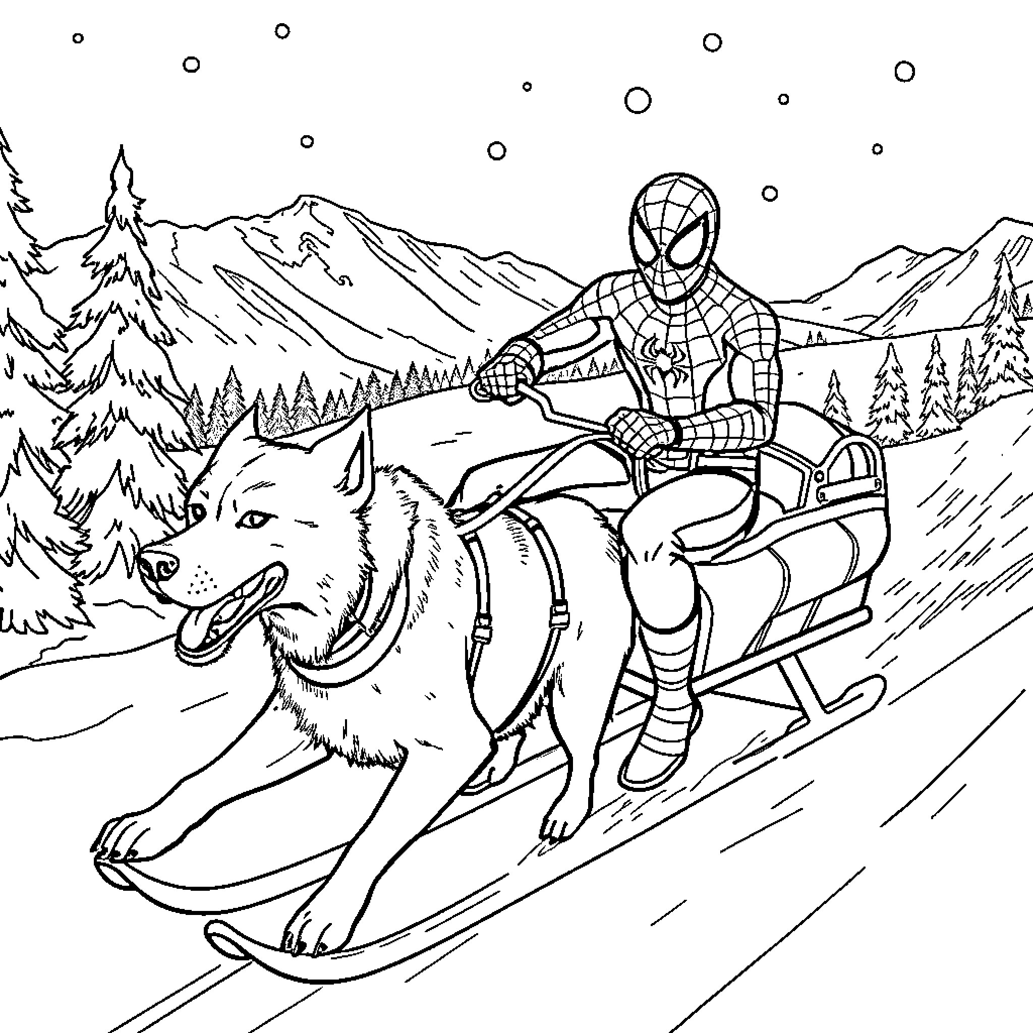 Spiderman riding a sled with a wolf through a snowy landscape Coloring Page (free black-and-white line drawing printable PDF for all, from beginners to advanced learners, including children, teens, adults, and seniors)