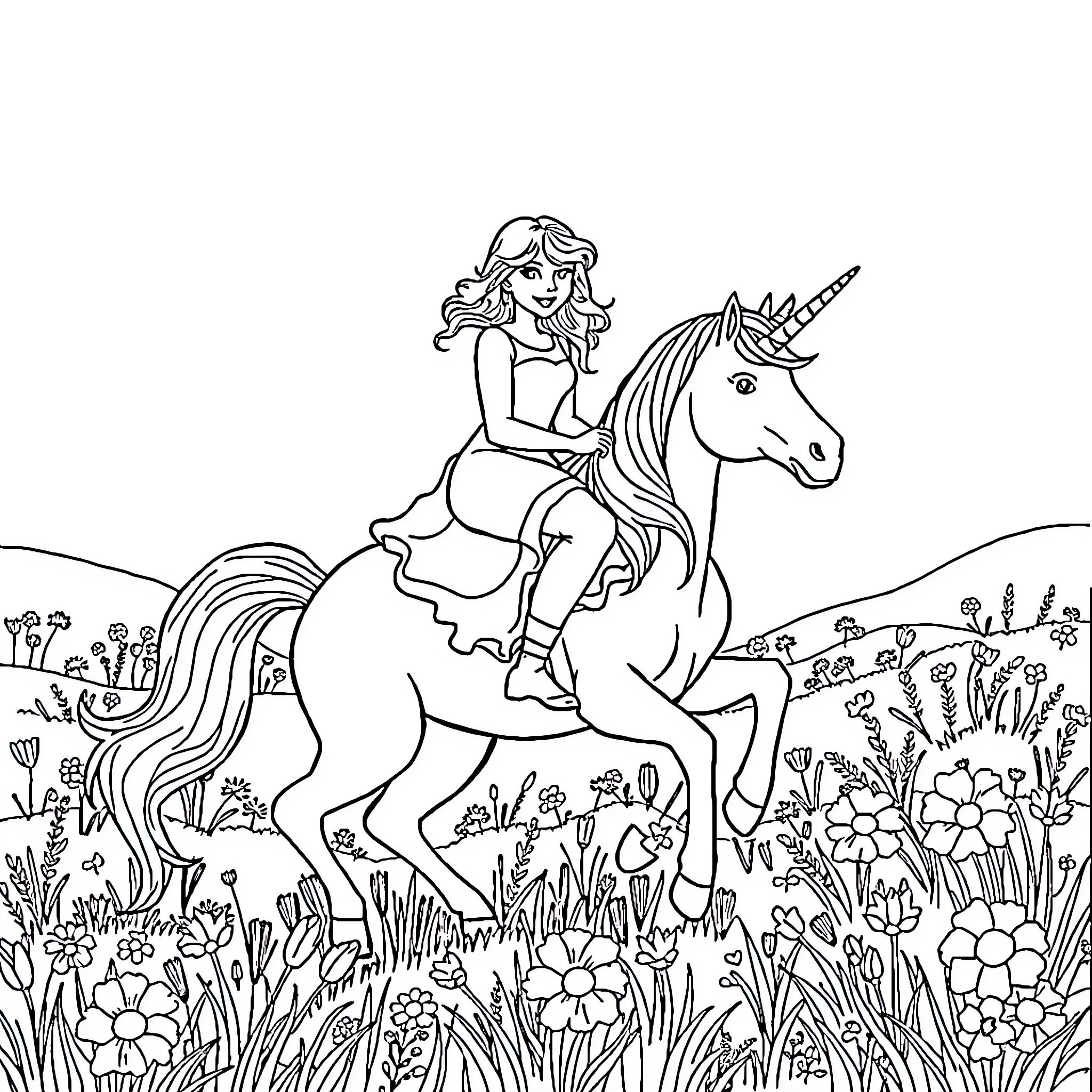 Taylor Swift riding a majestic unicorn in a fantasy landscape Coloring Page (free black-and-white line drawing printable PDF for all, from beginners to advanced learners, including children, teens, adults, and seniors)