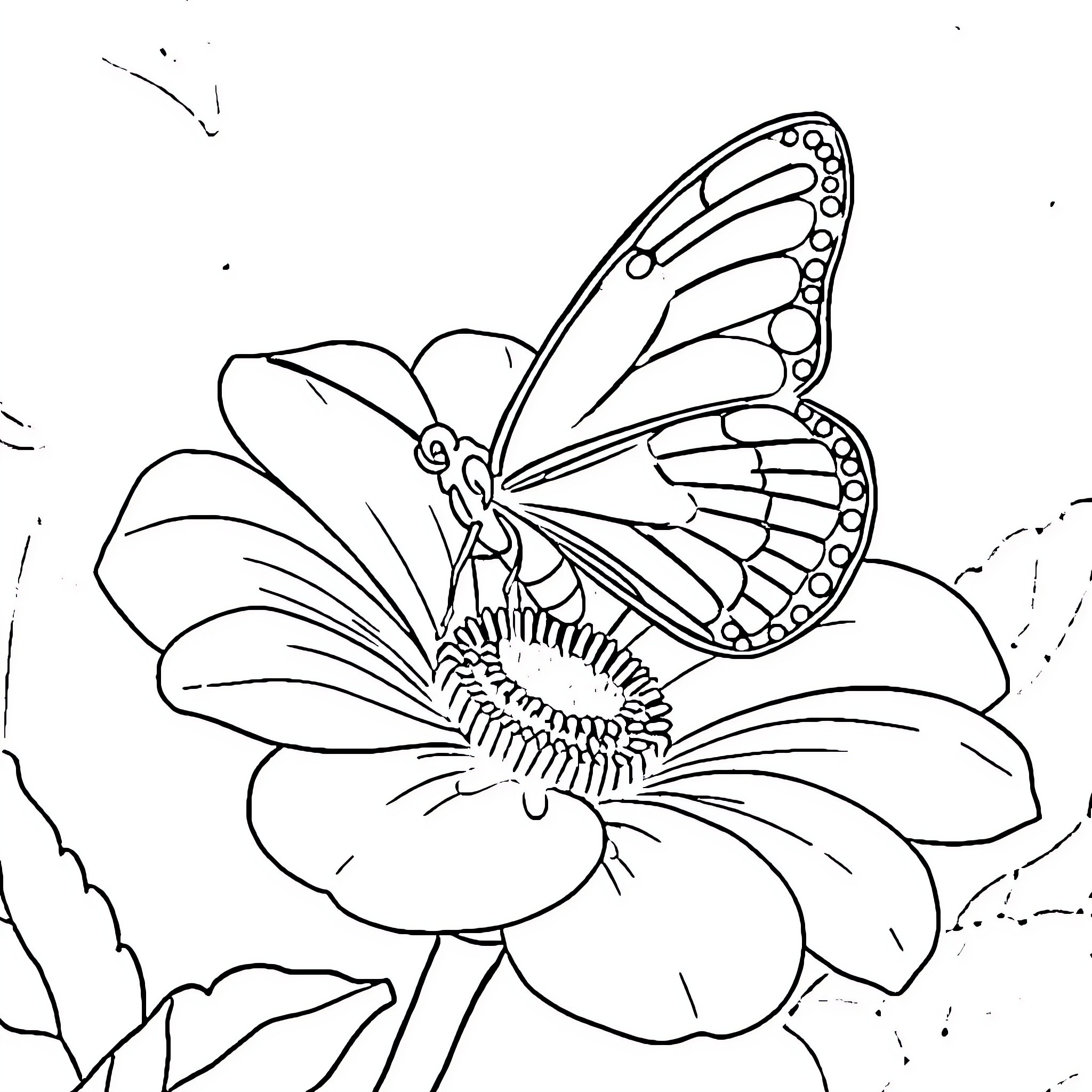 Butterfly resting on a flower Coloring Page (free black-and-white line drawing printable PDF for all, from beginners to advanced learners, including children, teens, adults, and seniors)