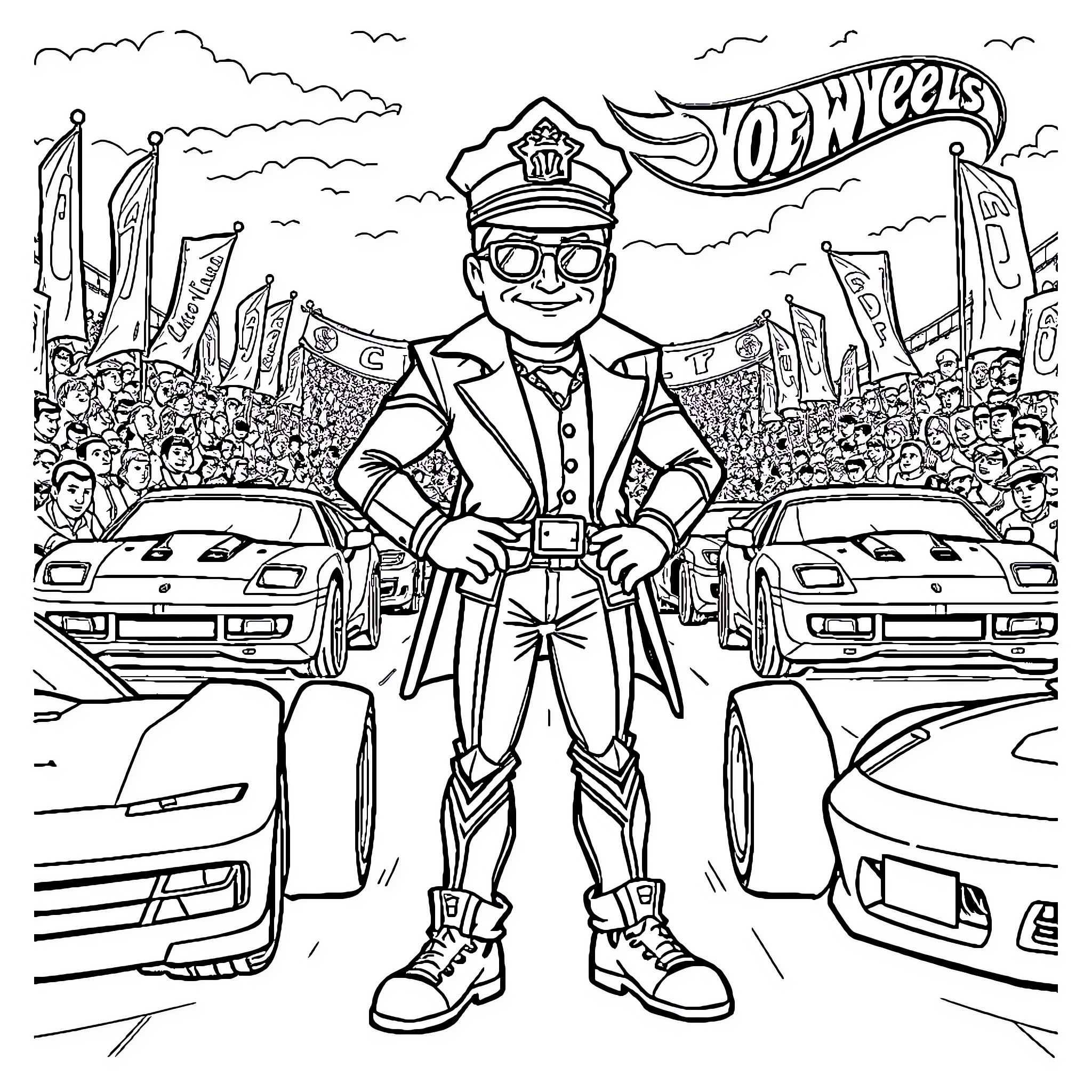 Governor's Parade with Hot Wheels Collection Coloring Page (free black-and-white line drawing printable PDF for all, from beginners to advanced learners, including children, teens, adults, and seniors)