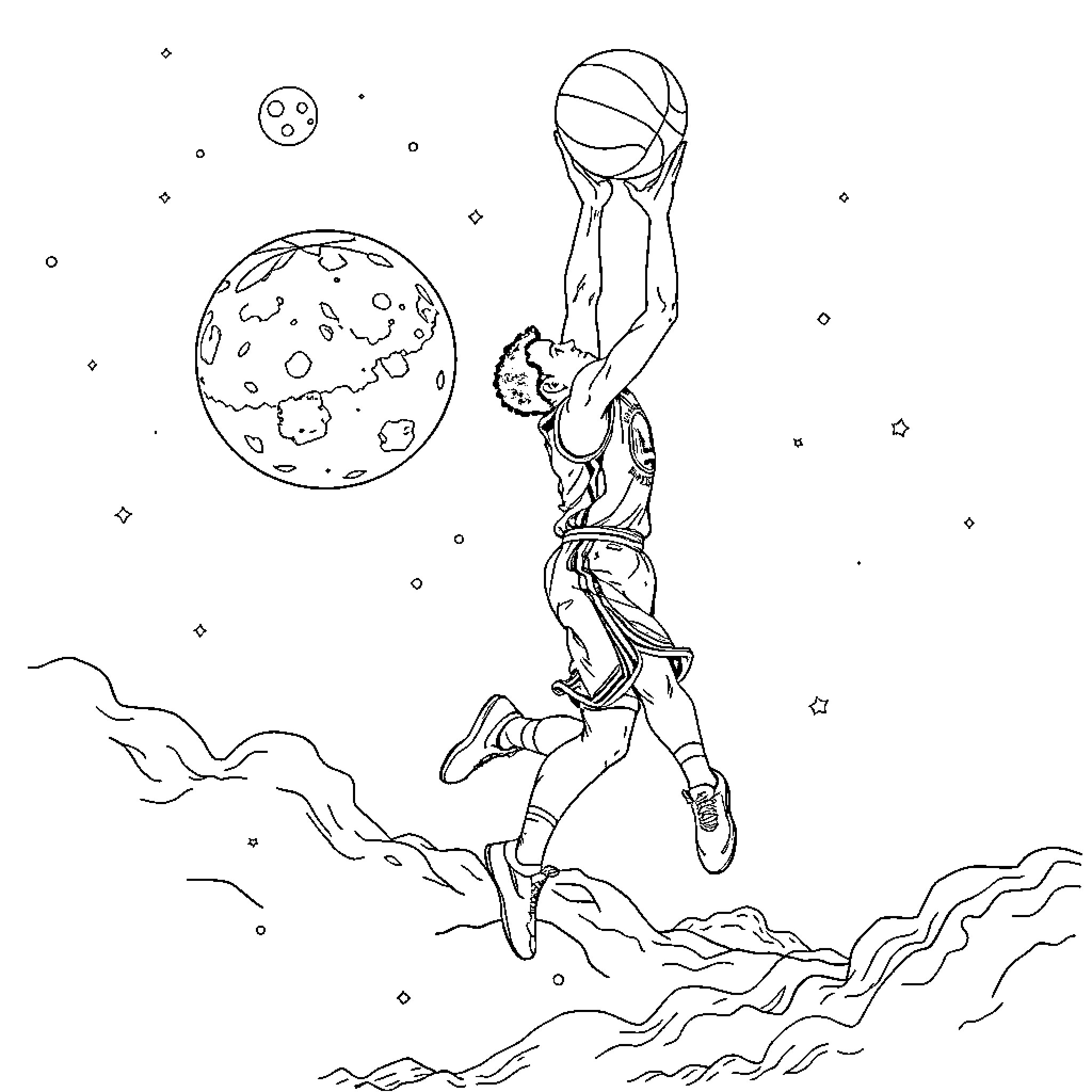 Stephen Curry dunking on the moon in space Coloring Page (free black-and-white line drawing printable PDF for all, from beginners to advanced learners, including children, teens, adults, and seniors)