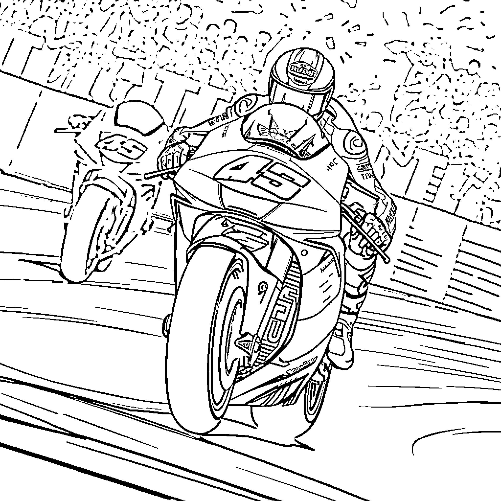 Marc Marquez racing on a motorcycle with passion Coloring Page (free black-and-white line drawing printable PDF for all, from beginners to advanced learners, including children, teens, adults, and seniors)