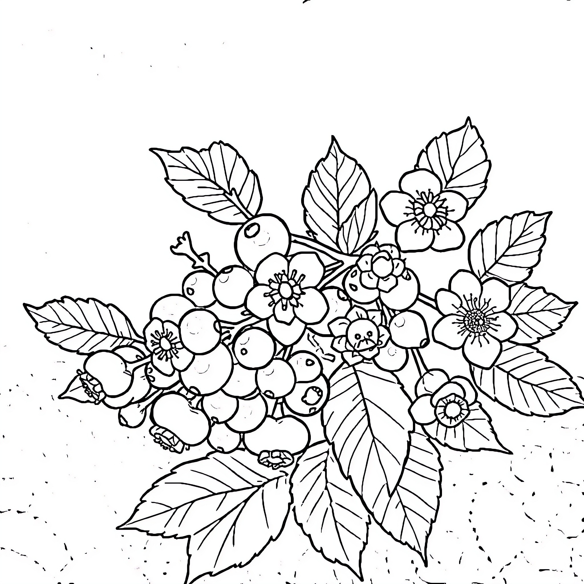 Berry Blossom Bouquet Sketch Coloring Page (free black-and-white line drawing printable PDF for all, from beginners to advanced learners, including children, teens, adults, and seniors)
