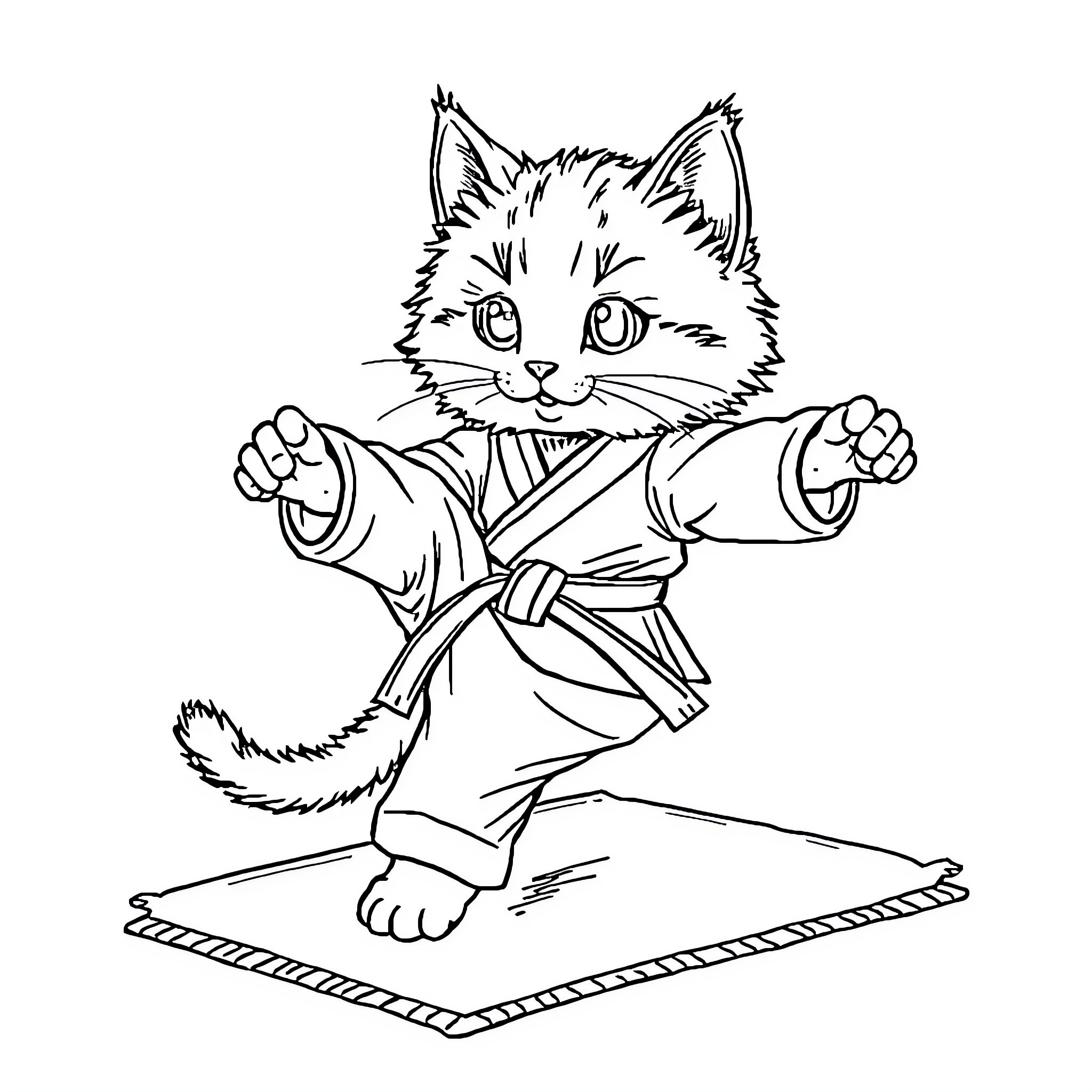 Cat practicing martial arts on mat Coloring Page (free black-and-white line drawing printable PDF for all, from beginners to advanced learners, including children, teens, adults, and seniors)