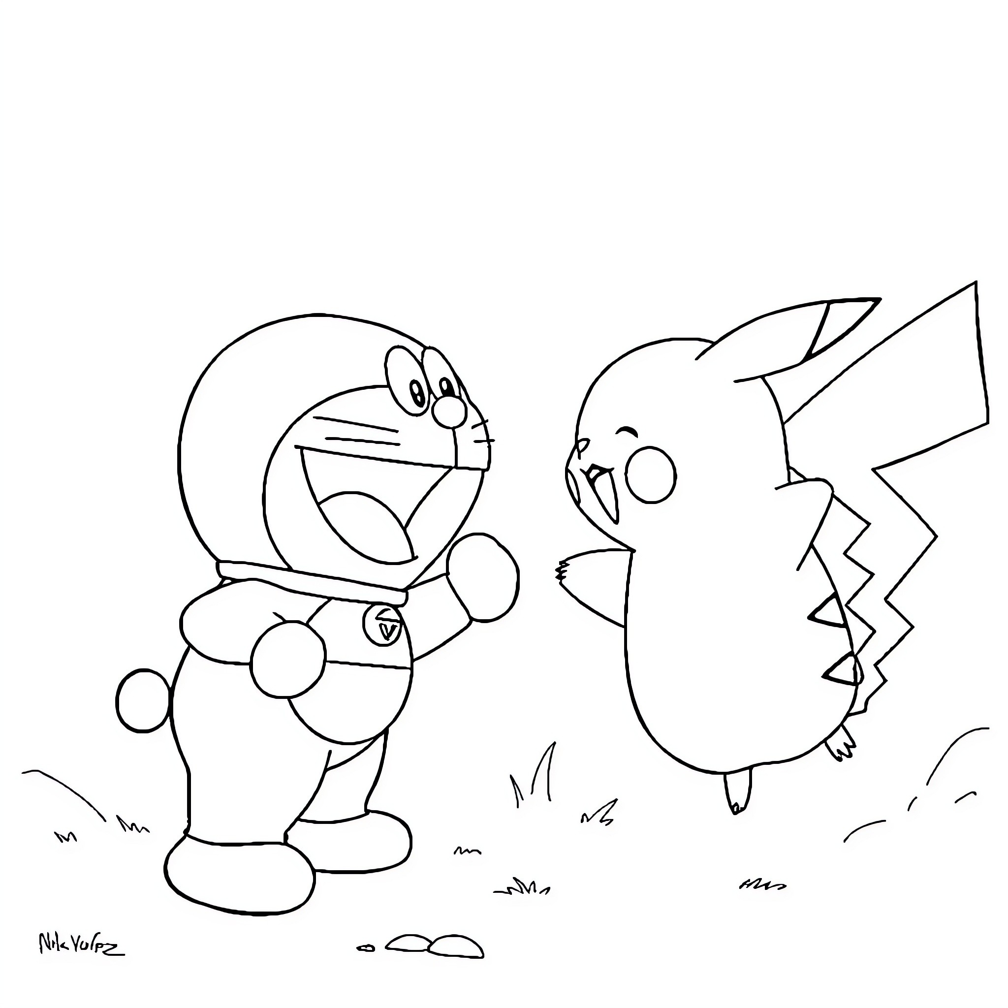 Doraemon and Pikachu's friendly encounter Coloring Page (free black-and-white line drawing printable PDF for all, from beginners to advanced learners, including children, teens, adults, and seniors)