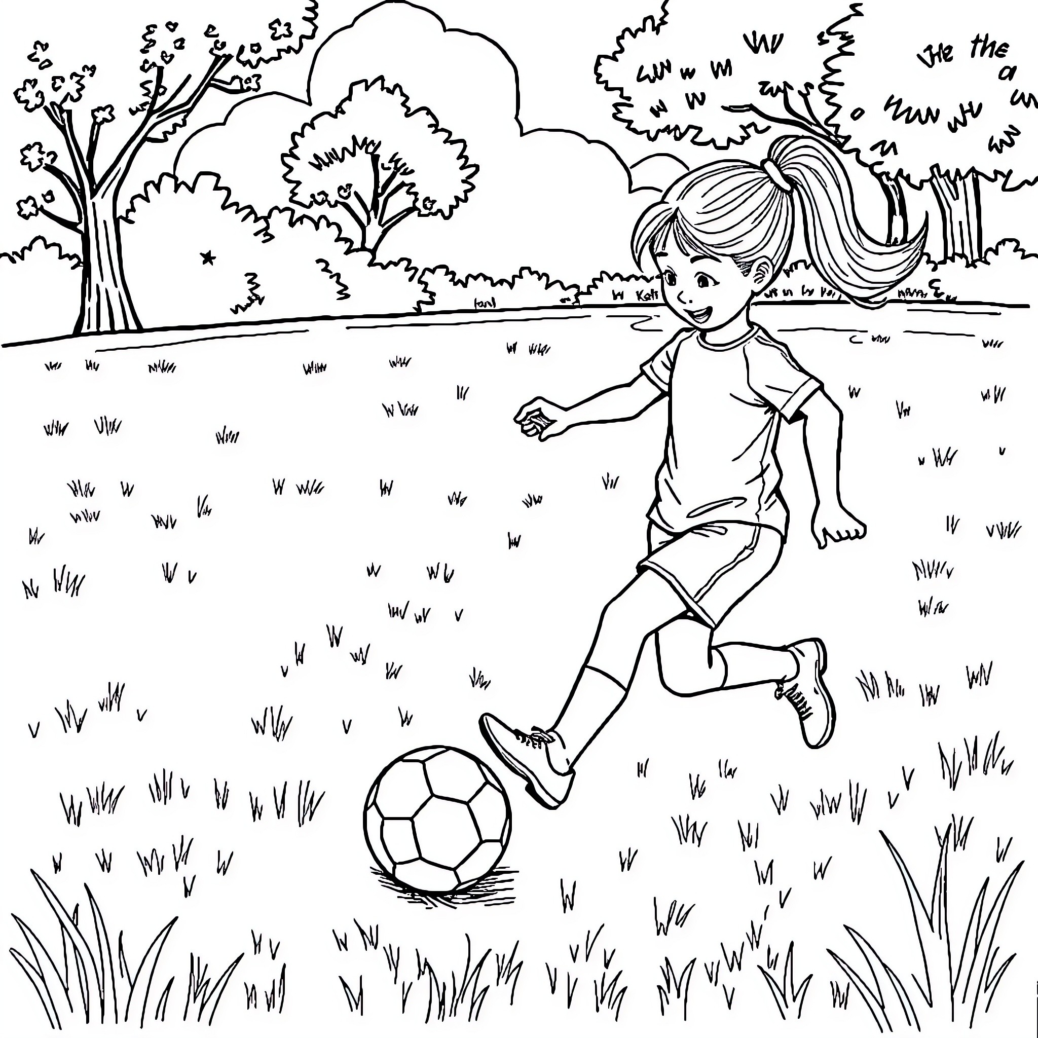 Girl playing soccer in the park Coloring Page (free black-and-white line drawing printable PDF for all, from beginners to advanced learners, including children, teens, adults, and seniors)