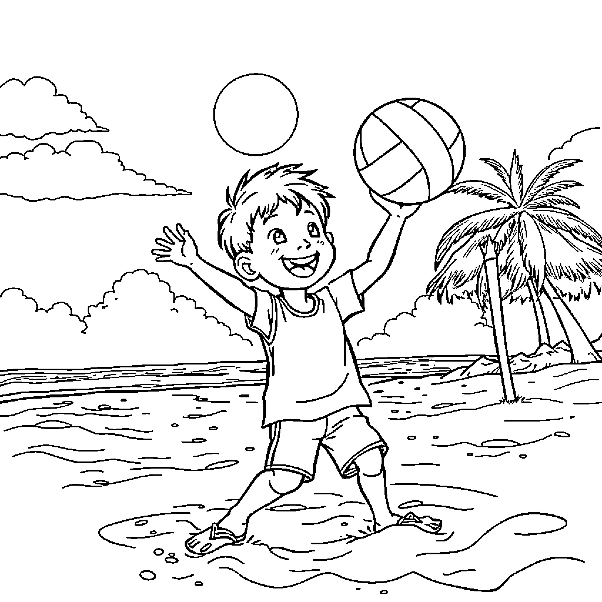 Kid playing joyfully with a volleyball on the beach Coloring Page (free black-and-white line drawing printable PDF for all, from beginners to advanced learners, including children, teens, adults, and seniors)