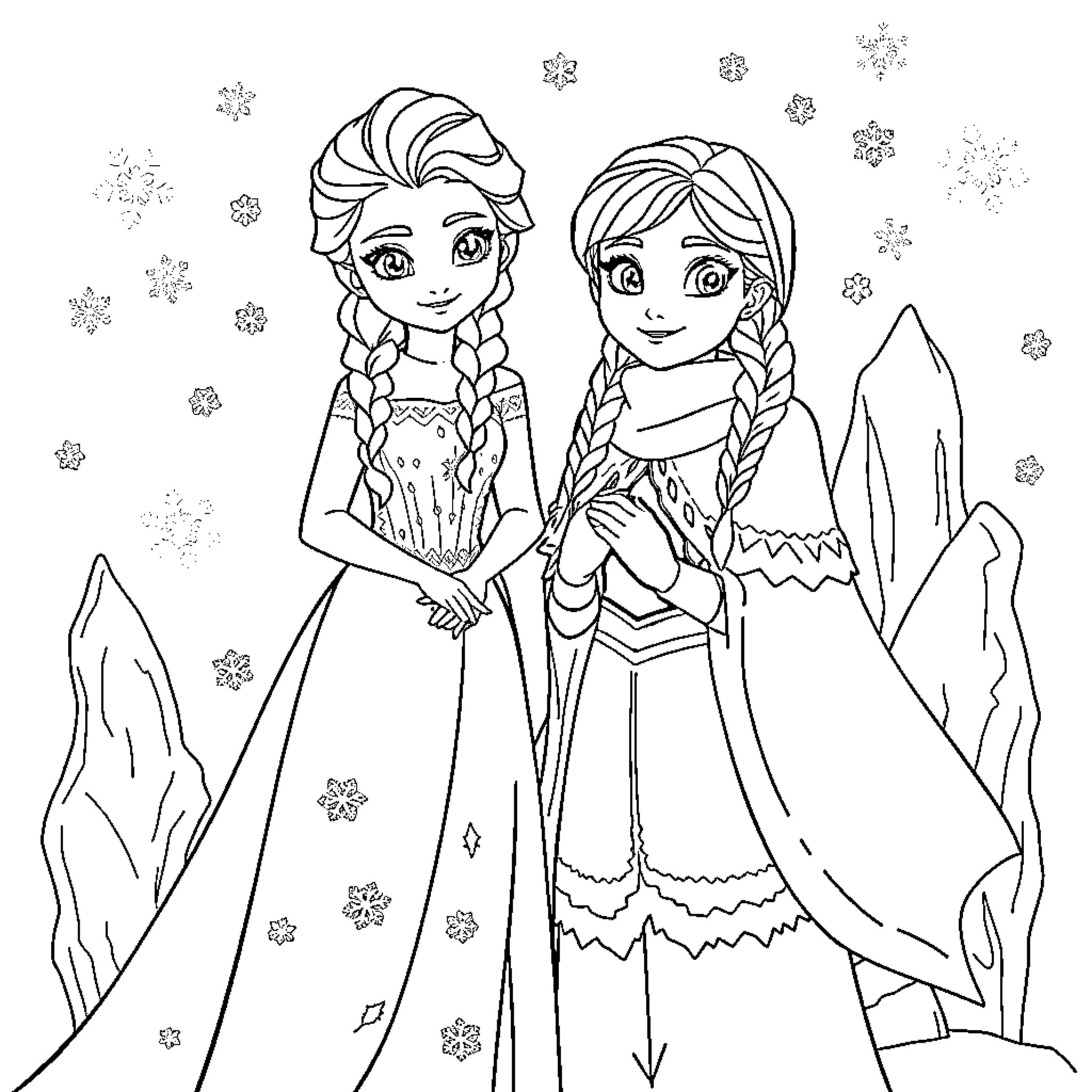 Elsa and Anna in winter wonderland Coloring Page (free black-and-white line drawing printable PDF for all, from beginners to advanced learners, including children, teens, adults, and seniors)