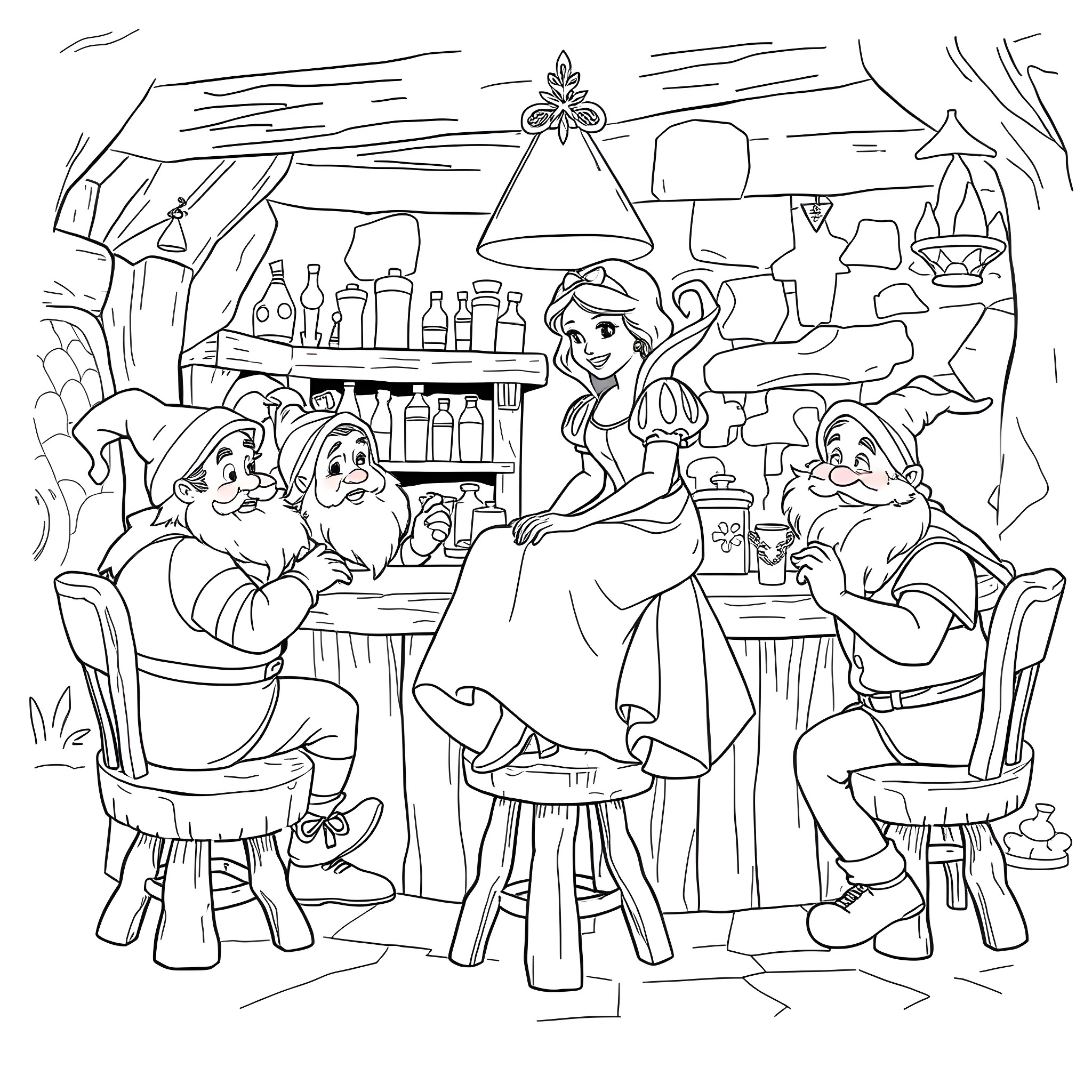 Snow White serving drinks to the Seven Dwarfs in their cottage Coloring Page (free black-and-white line drawing printable PDF for all, from beginners to advanced learners, including children, teens, adults, and seniors)