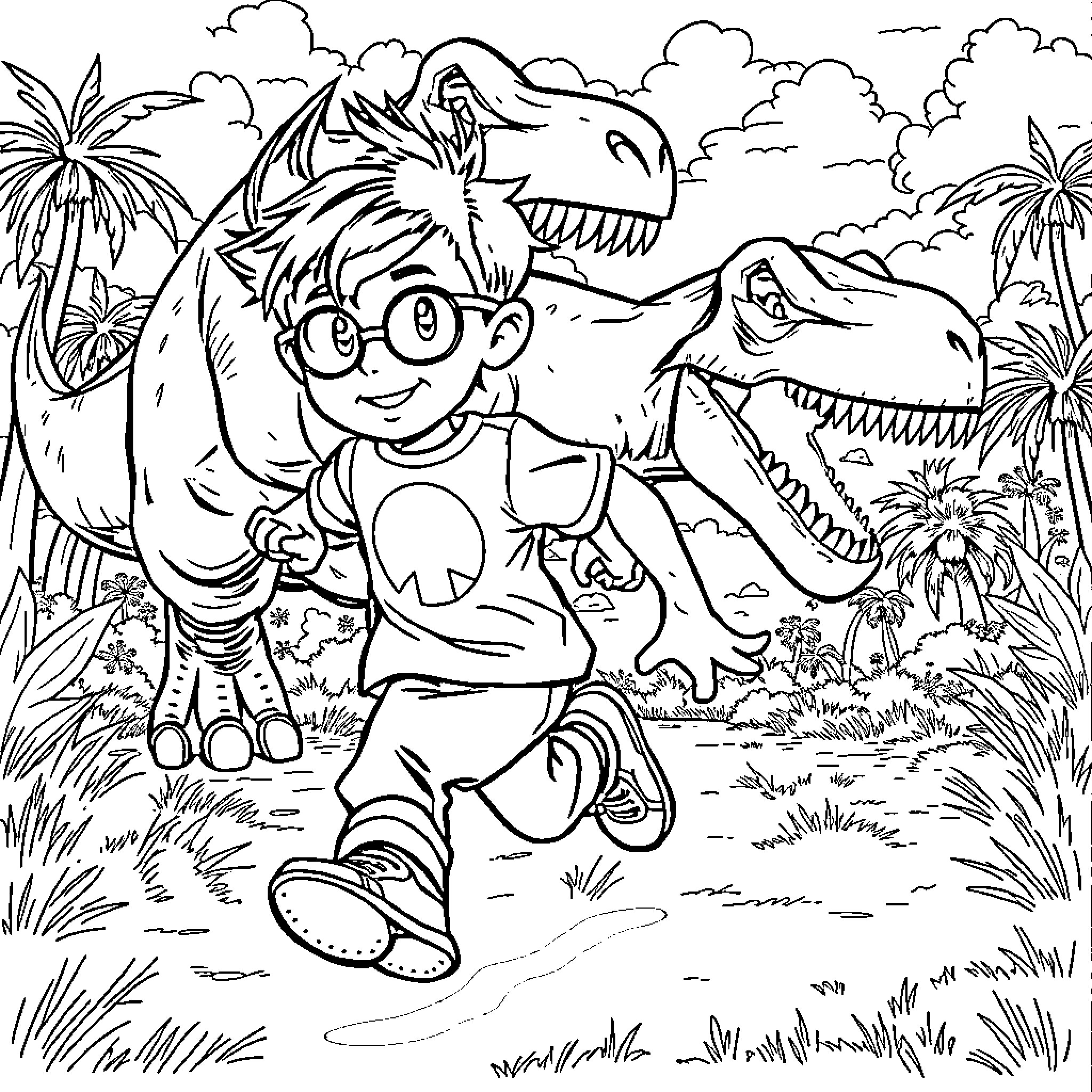 Boy adventures with dinosaurs in the jungle Coloring Page (free black-and-white line drawing printable PDF for all, from beginners to advanced learners, including children, teens, adults, and seniors)