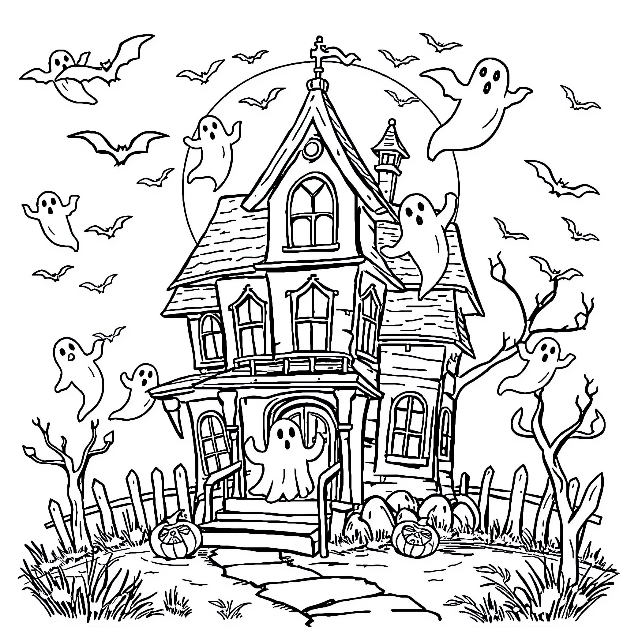 Haunted House with Ghostly Inhabitants and Spooky Atmosphere Coloring Page (free black-and-white line drawing printable PDF for all, from beginners to advanced learners, including children, teens, adults, and seniors)