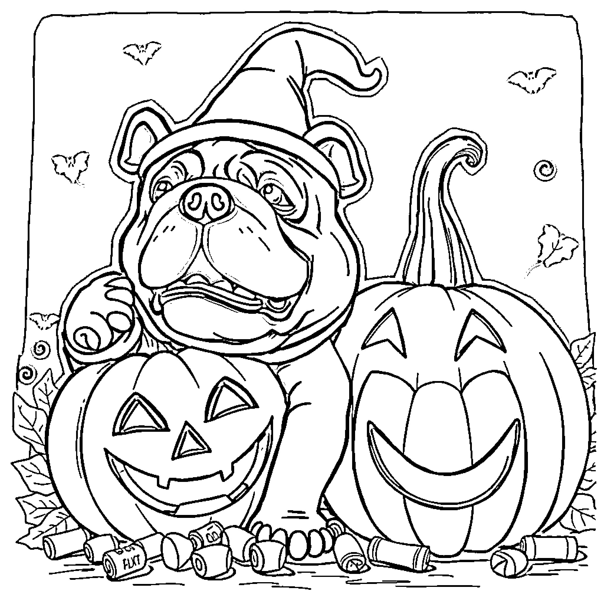 Bulldog in Halloween costume with pumpkins Coloring Page (free black-and-white line drawing printable PDF for all, from beginners to advanced learners, including children, teens, adults, and seniors)