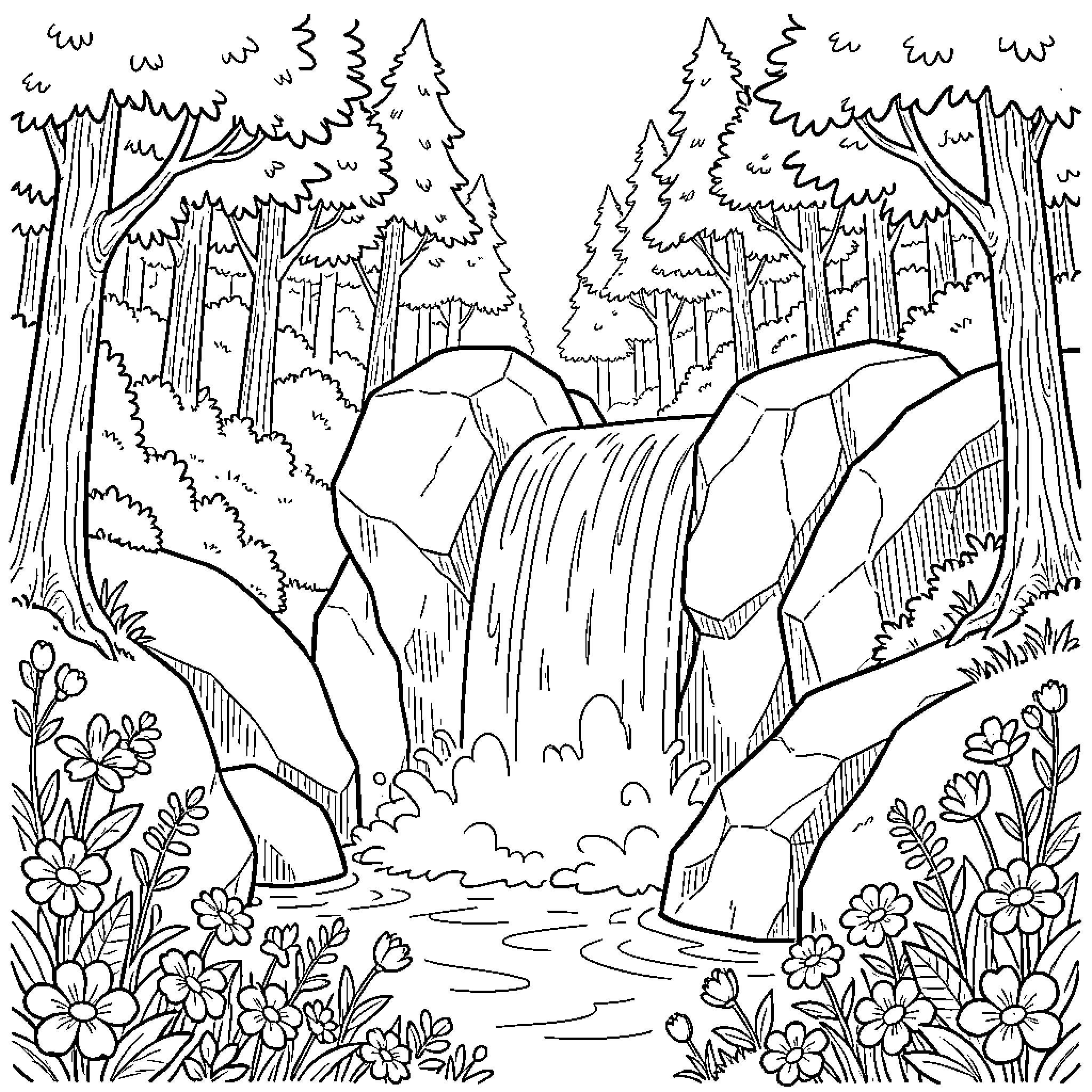 Waterfall flowing through a rocky forest landscape Coloring Page (free black-and-white line drawing printable PDF for all, from beginners to advanced learners, including children, teens, adults, and seniors)