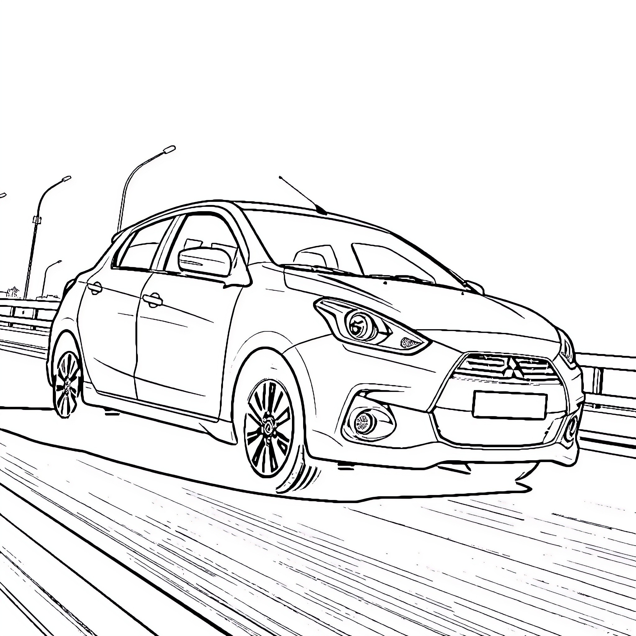 Mitsubishi Mirage G4 in motion on city street Coloring Page (free black-and-white line drawing printable PDF for all, from beginners to advanced learners, including children, teens, adults, and seniors)