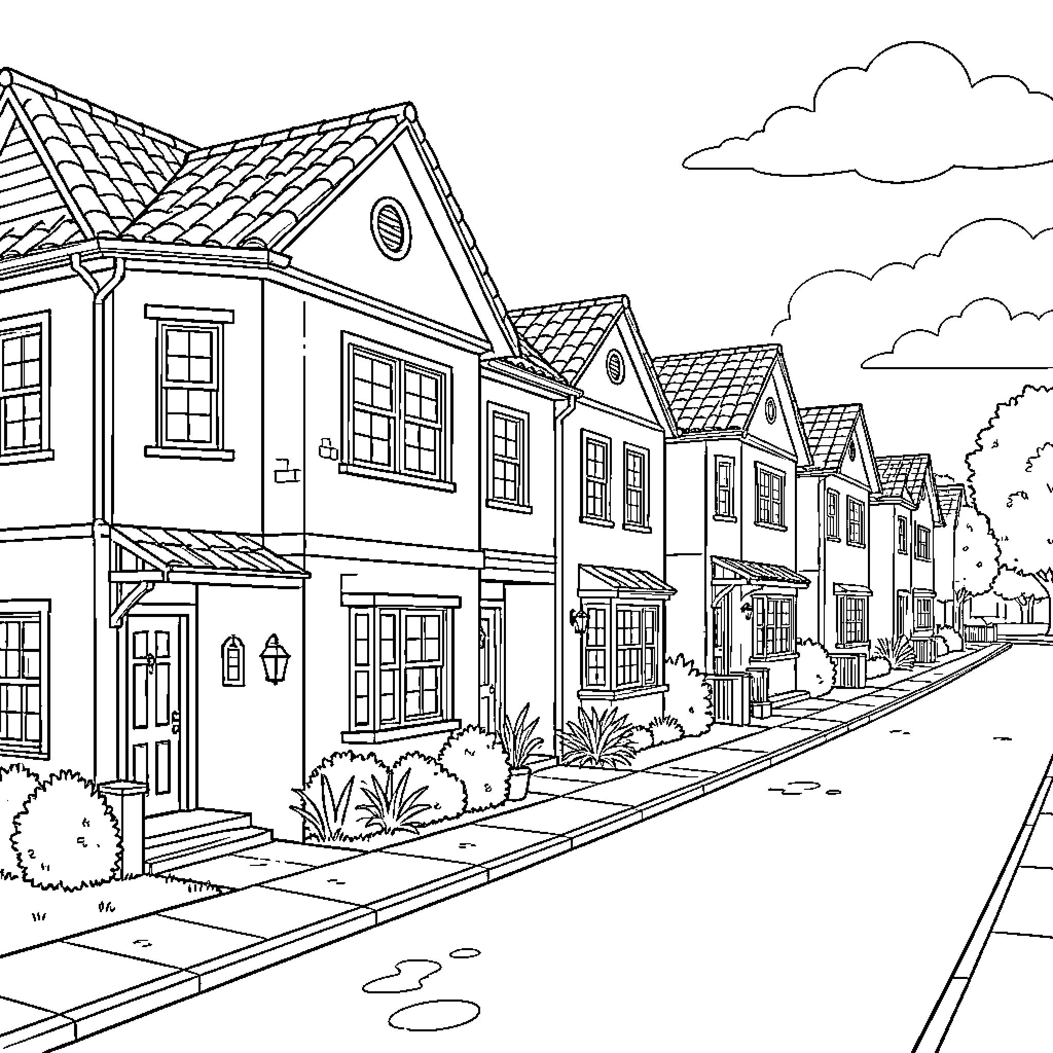 House row lining a quiet suburban street Coloring Page (free black-and-white line drawing printable PDF for all, from beginners to advanced learners, including children, teens, adults, and seniors)