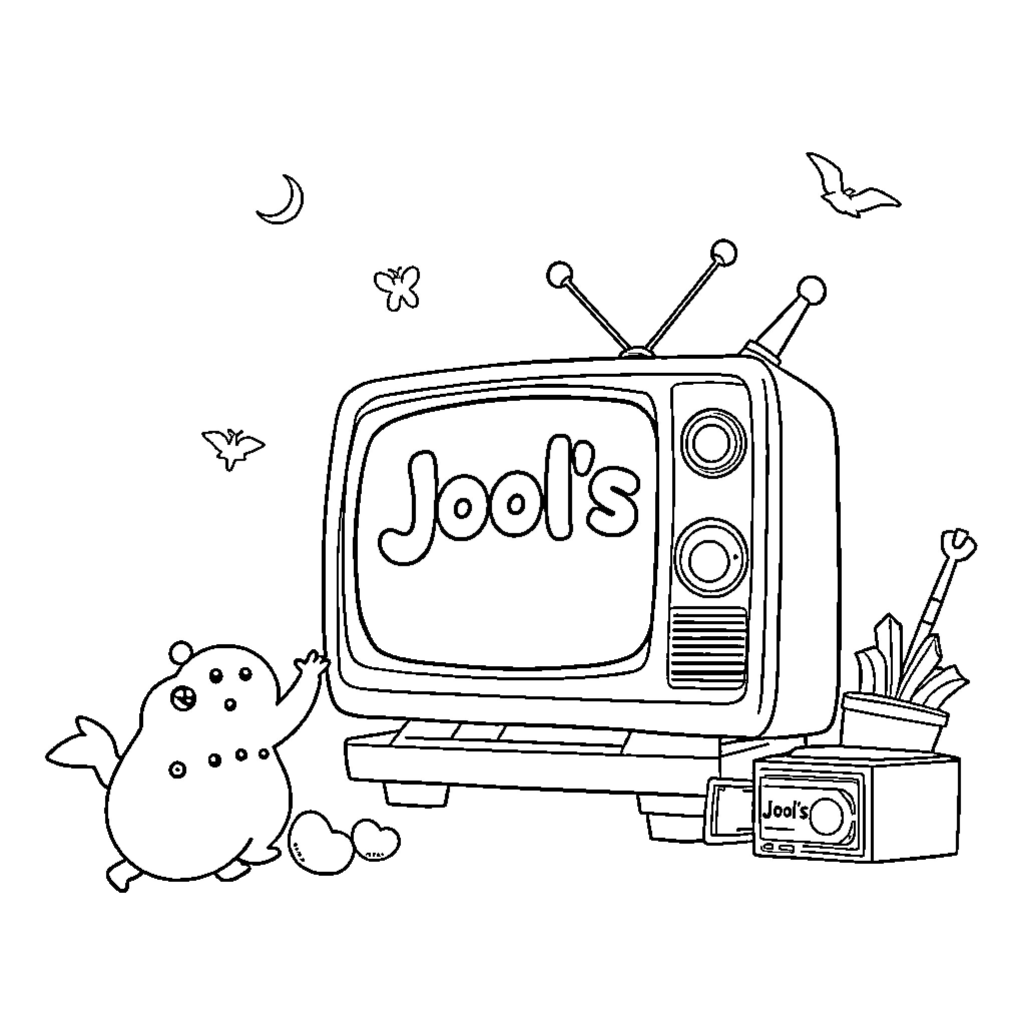 Jool's TV with whimsical characters and objects Coloring Page (free black-and-white line drawing printable PDF for all, from beginners to advanced learners, including children, teens, adults, and seniors)