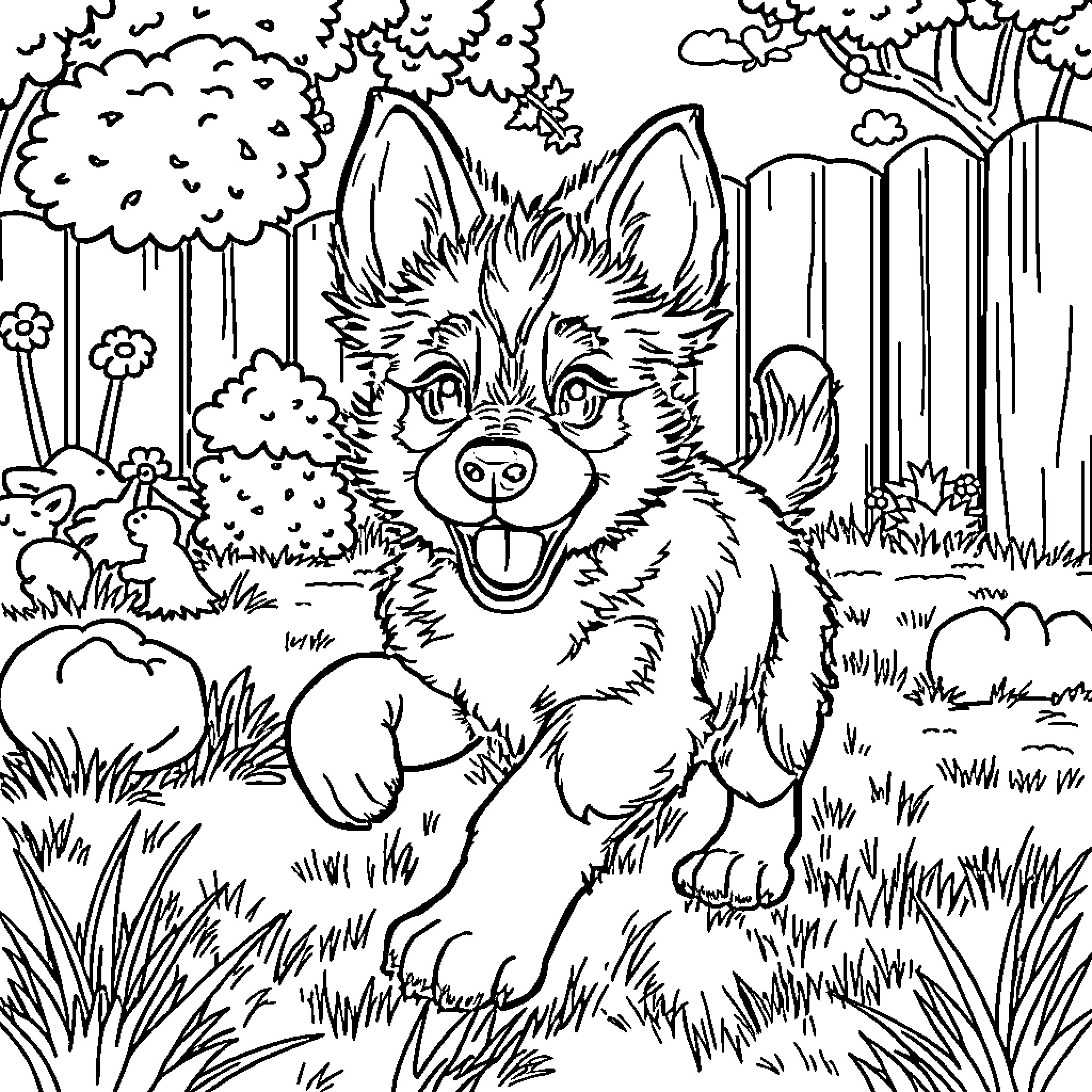 Bluey exploring the enchanted forest Coloring Page (free black-and-white line drawing printable PDF for all, from beginners to advanced learners, including children, teens, adults, and seniors)