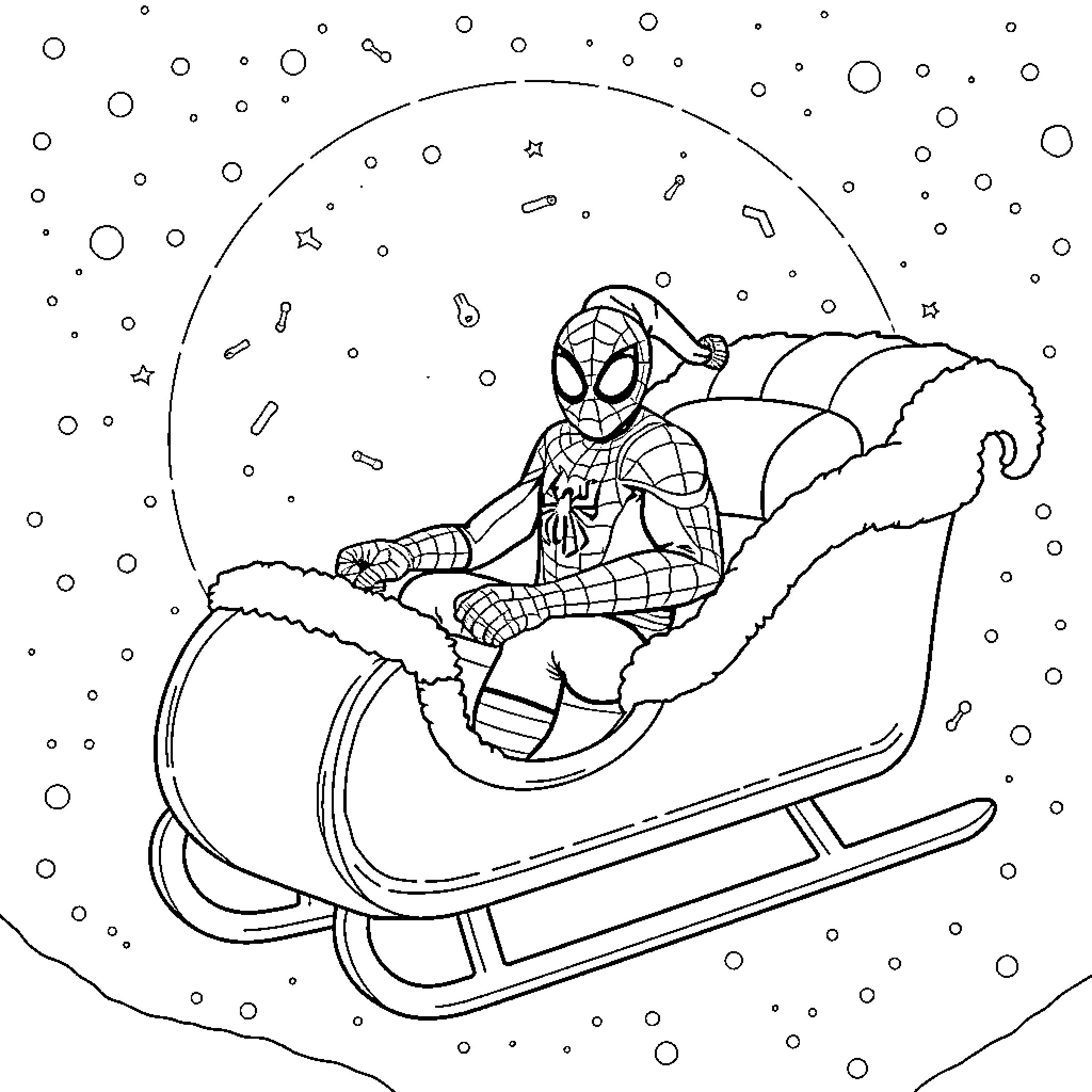 Spiderman riding a sleigh in the snow Coloring Page (free black-and-white line drawing printable PDF for all, from beginners to advanced learners, including children, teens, adults, and seniors)