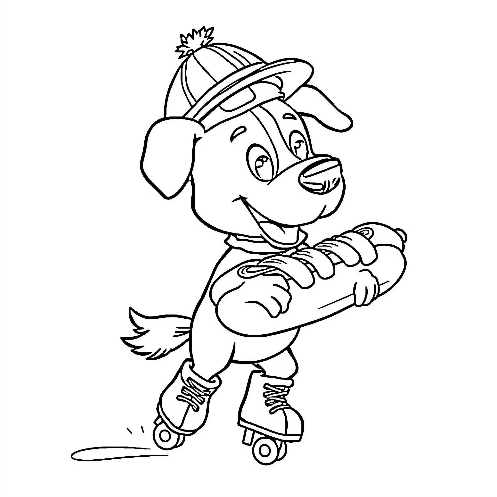 Dog roller skating with a hat Coloring Page (free black-and-white line drawing printable PDF for all, from beginners to advanced learners, including children, teens, adults, and seniors)