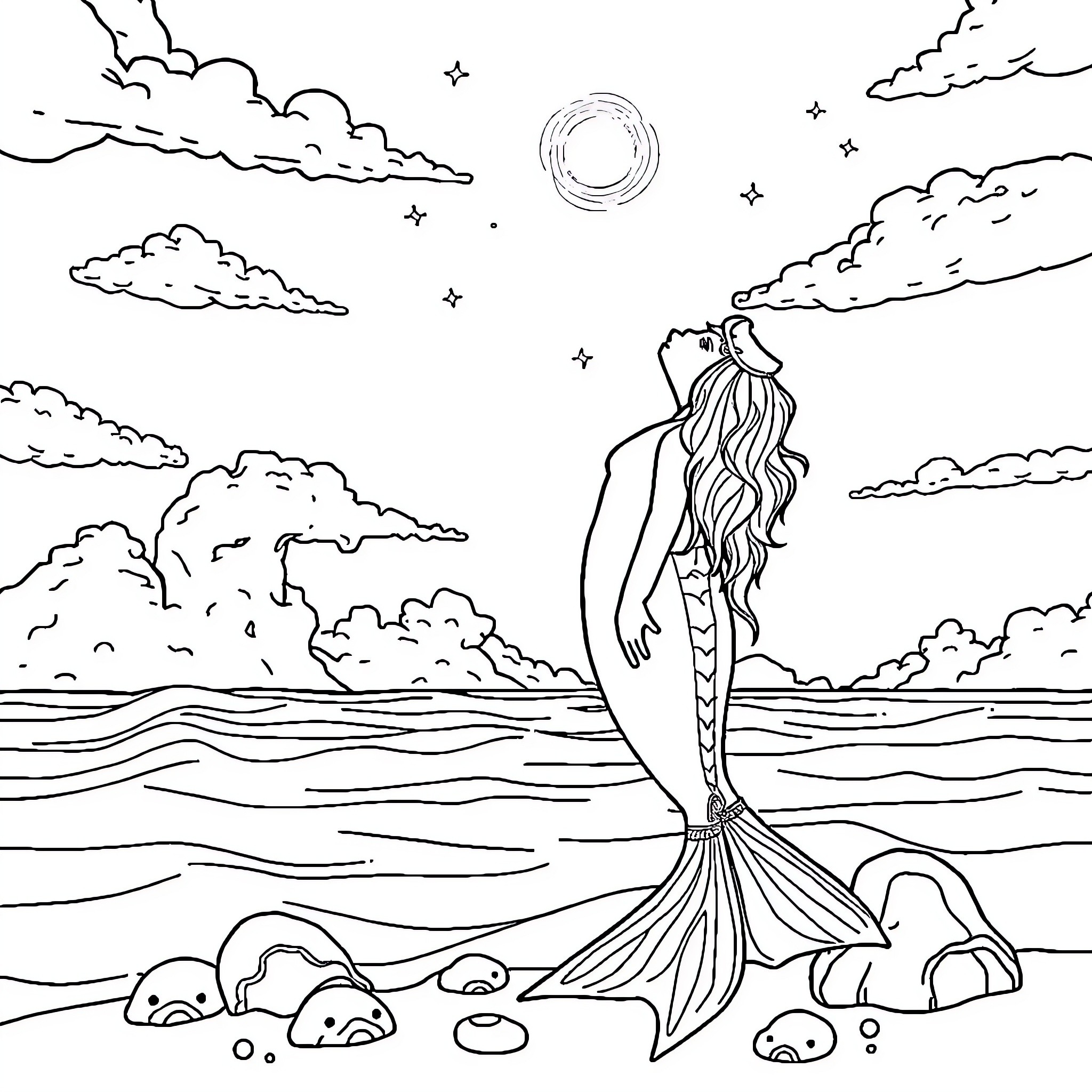 Moses the Mermaid at the Seaside Coloring Page (free black-and-white line drawing printable PDF for all, from beginners to advanced learners, including children, teens, adults, and seniors)