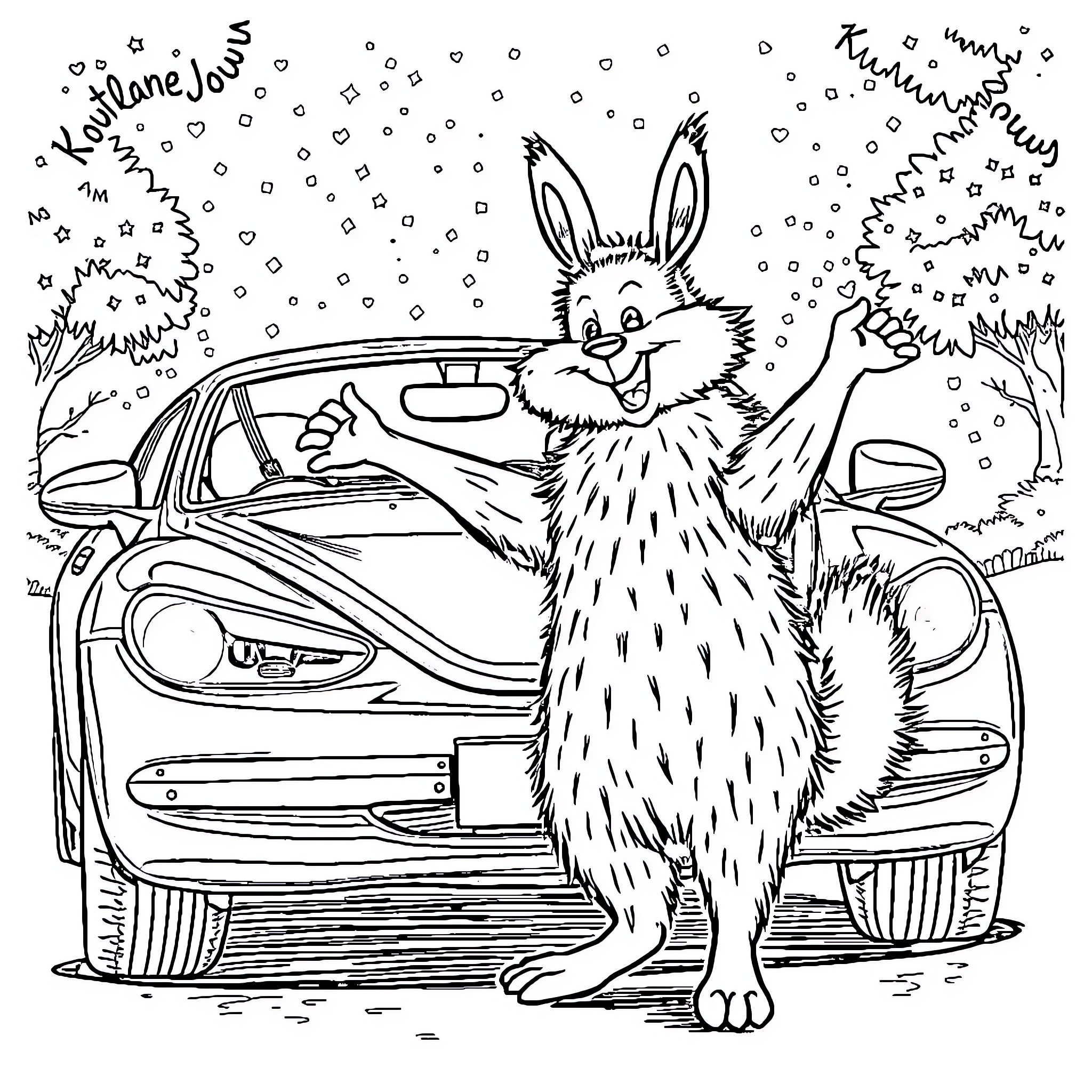Kangaroo playing in the snow near a car Coloring Page (free black-and-white line drawing printable PDF for all, from beginners to advanced learners, including children, teens, adults, and seniors)