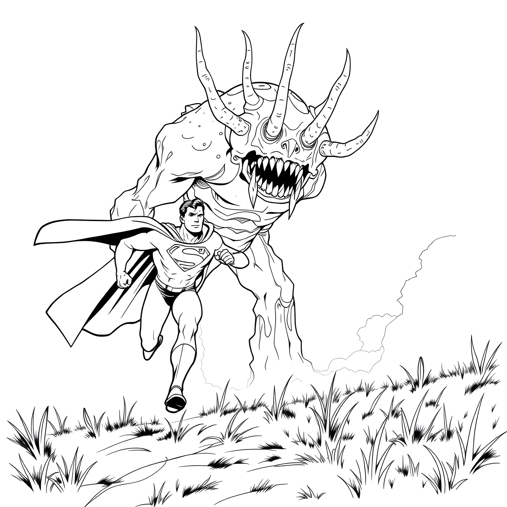 Superman battling a monstrous foe in the wilderness Coloring Page (free black-and-white line drawing printable PDF for all, from beginners to advanced learners, including children, teens, adults, and seniors)