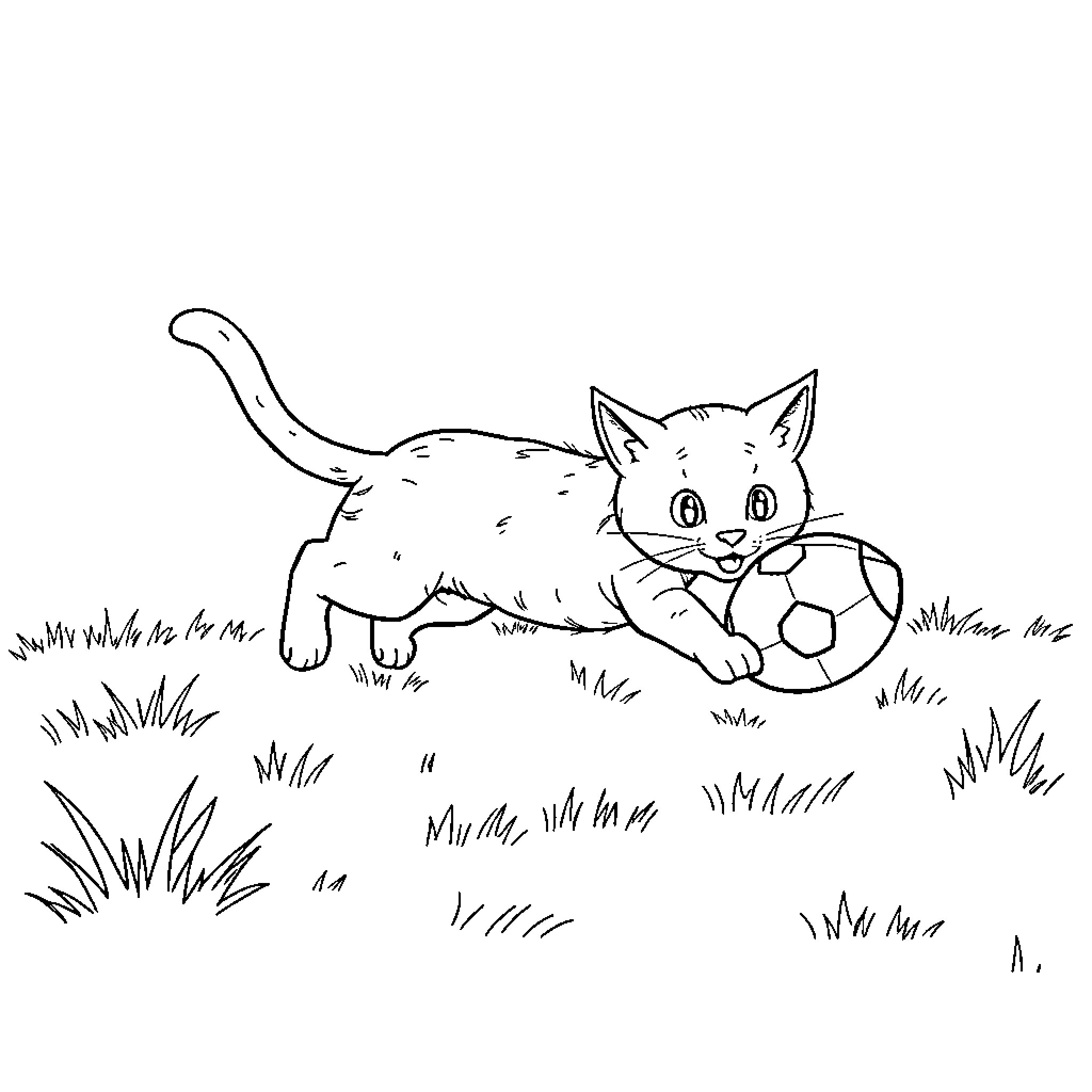 Cat playing with soccer ball in grassy field Coloring Page (free black-and-white line drawing printable PDF for all, from beginners to advanced learners, including children, teens, adults, and seniors)