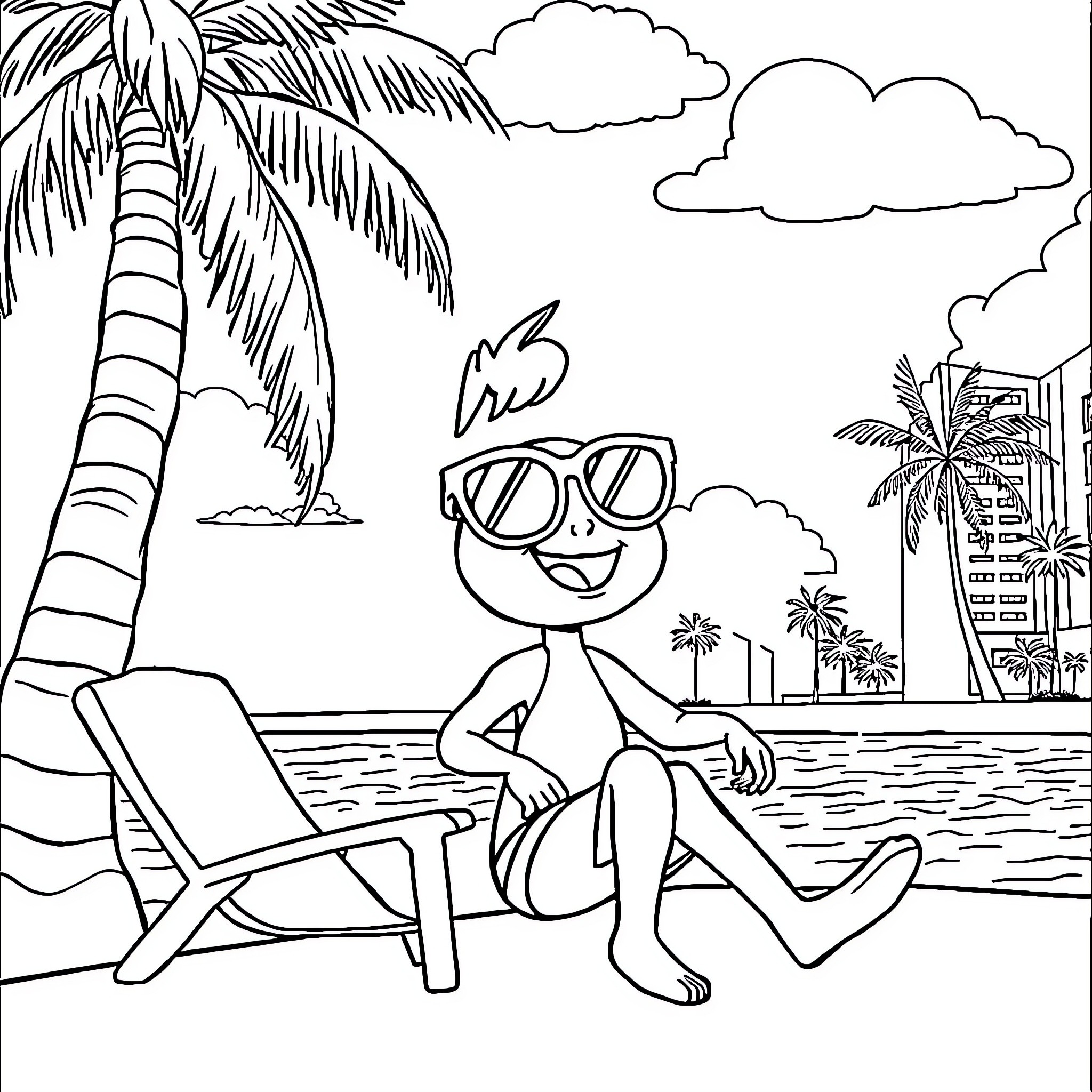 Branlete relaxing on the beach with palm trees Coloring Page (free black-and-white line drawing printable PDF for all, from beginners to advanced learners, including children, teens, adults, and seniors)