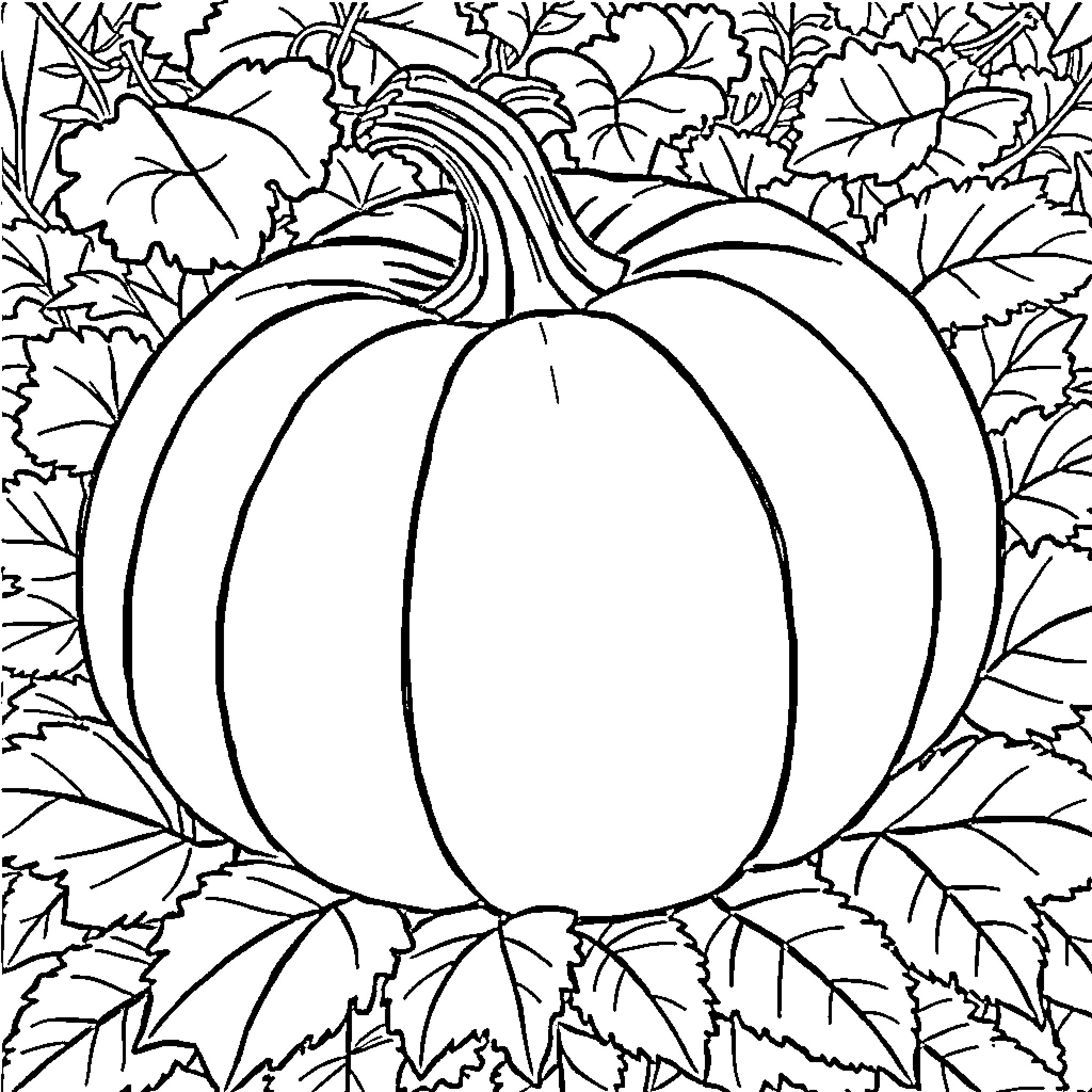 Pumpkin surrounded by autumn leaves and flowers Coloring Page (free black-and-white line drawing printable PDF for all, from beginners to advanced learners, including children, teens, adults, and seniors)