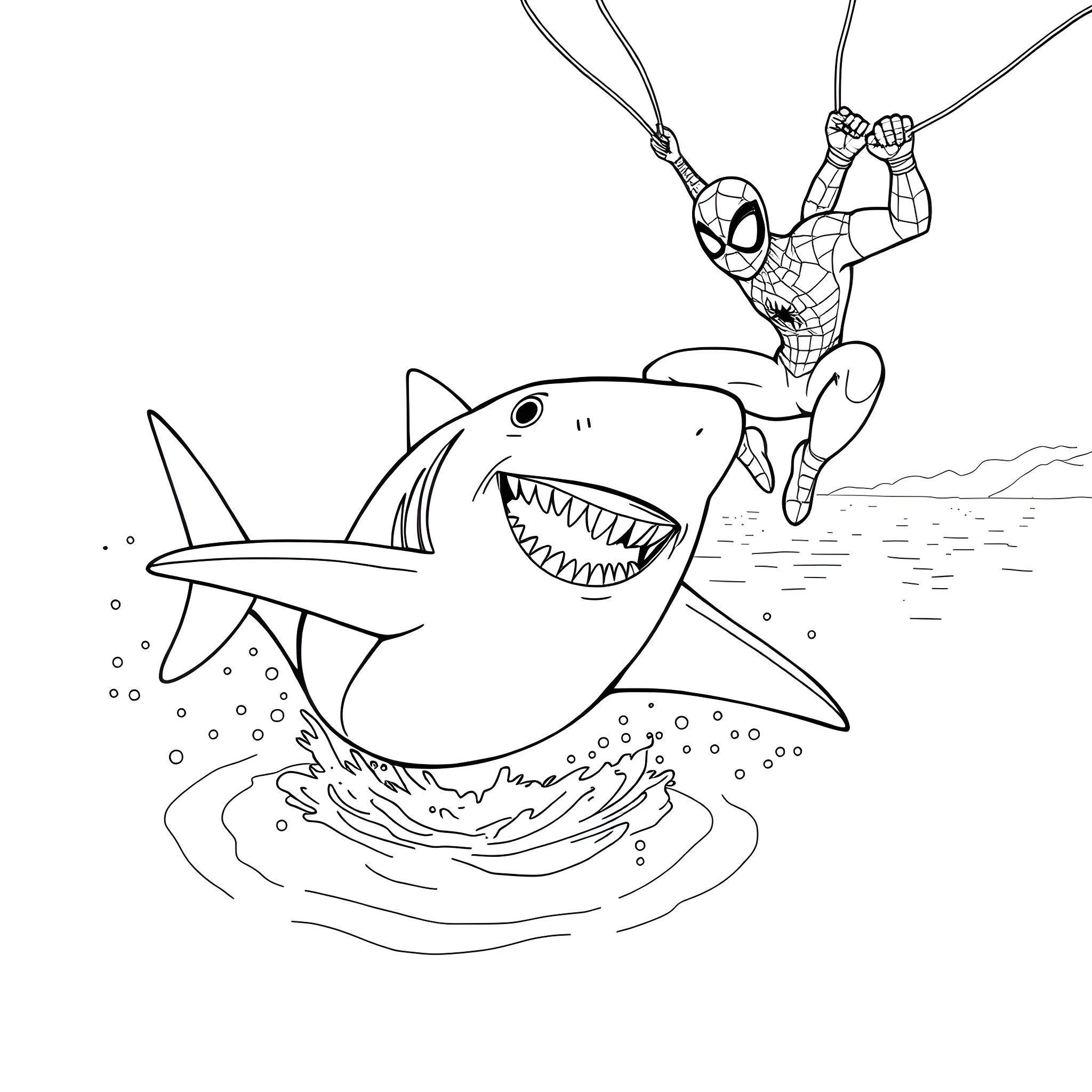 Shark vs Spiderman Underwater Battle Coloring Page (free black-and-white line drawing printable PDF for all, from beginners to advanced learners, including children, teens, adults, and seniors)
