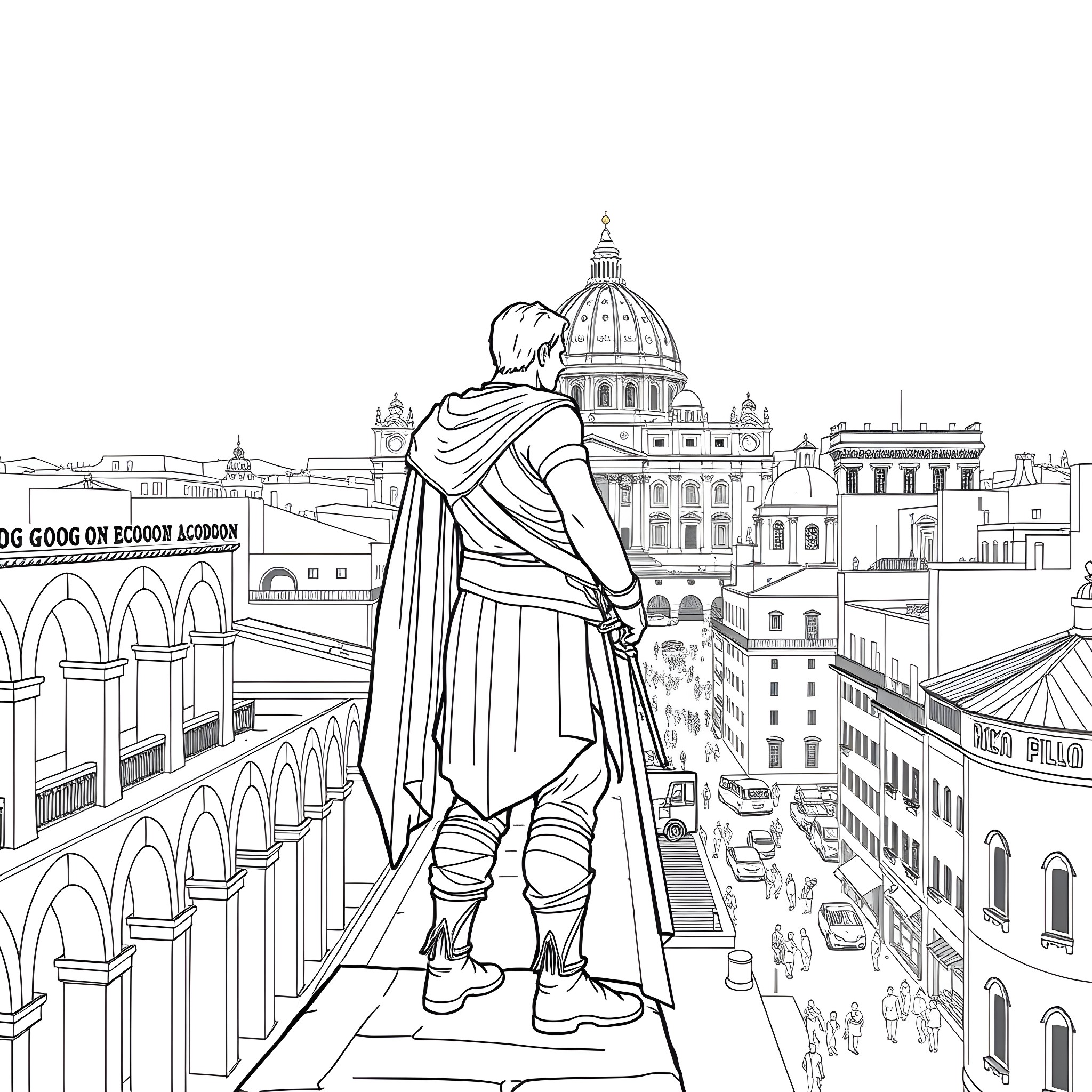 Ezio overlooking the city of Rome Coloring Page (free black-and-white line drawing printable PDF for all, from beginners to advanced learners, including children, teens, adults, and seniors)