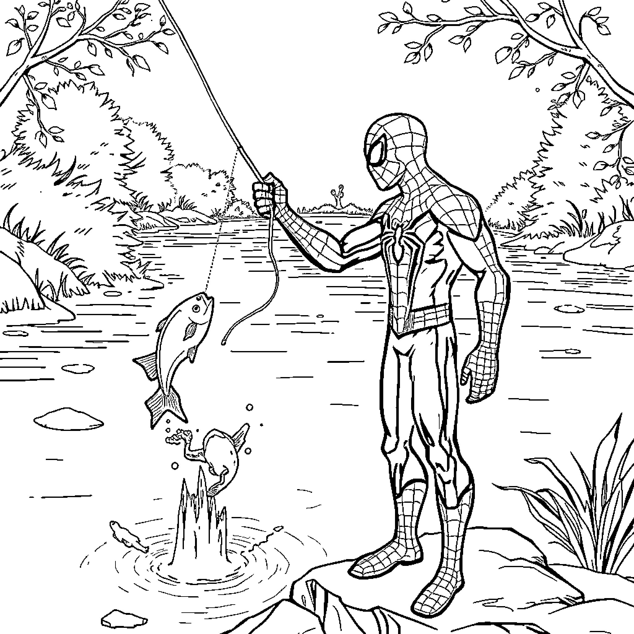 Spiderman fishing in the forest Coloring Page (free black-and-white line drawing printable PDF for all, from beginners to advanced learners, including children, teens, adults, and seniors)