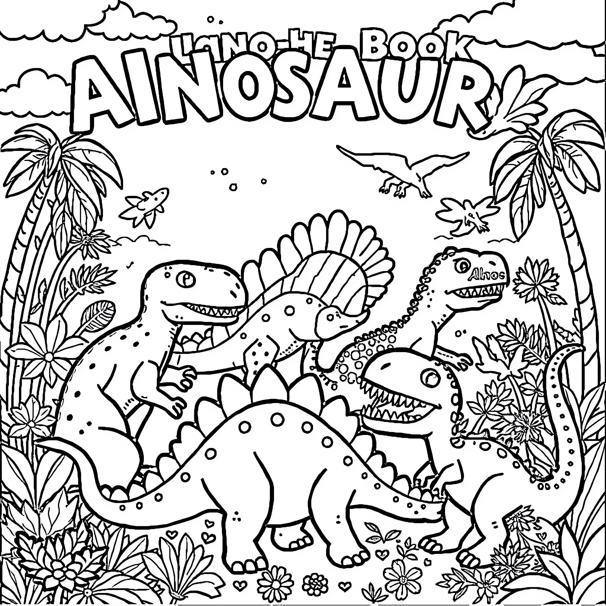 Dinosaur Adventure in the Lush Jungle Coloring Page (free black-and-white line drawing printable PDF for all, from beginners to advanced learners, including children, teens, adults, and seniors)