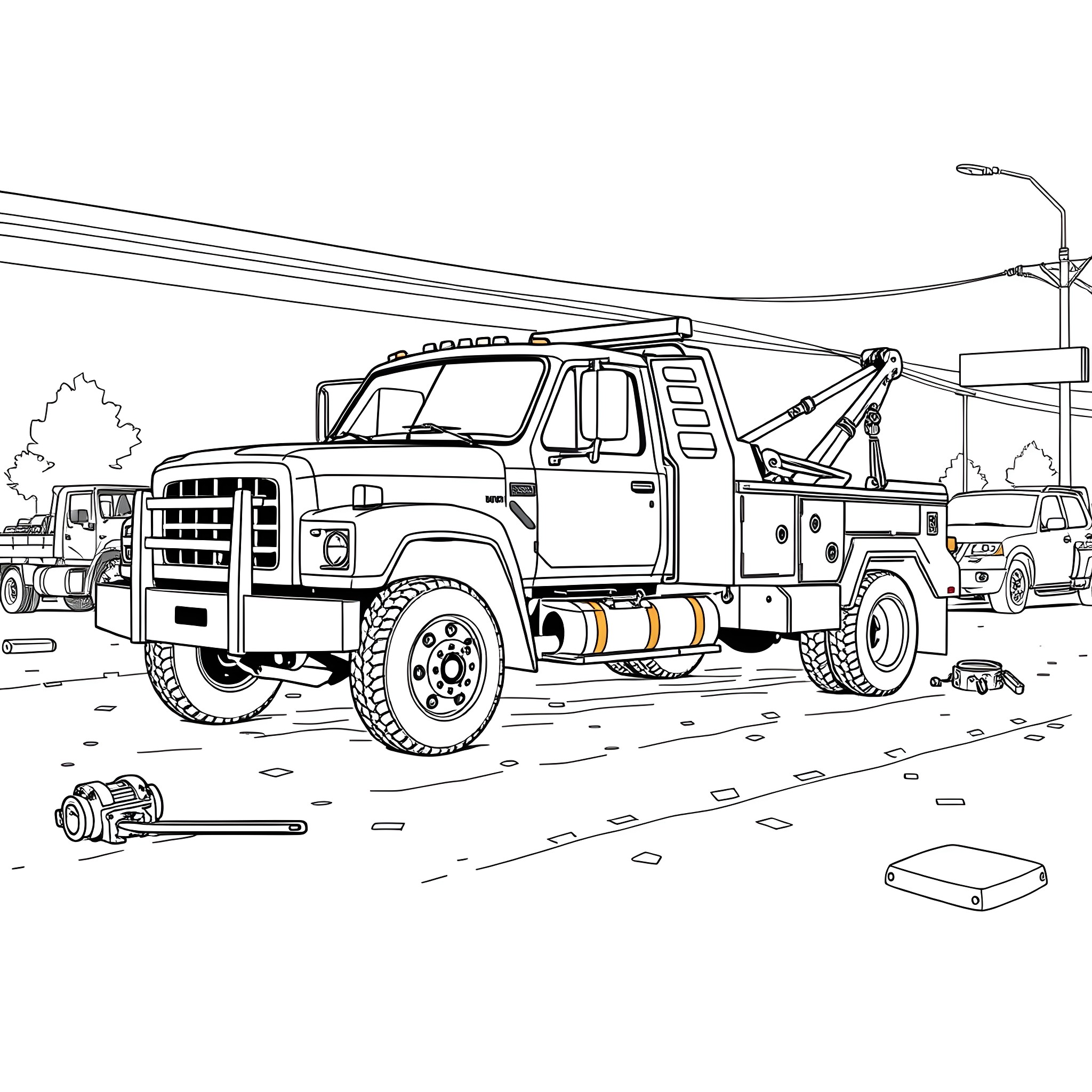 Wrecker Truck Assisting with Roadside Repair Coloring Page (free black-and-white line drawing printable PDF for all, from beginners to advanced learners, including children, teens, adults, and seniors)