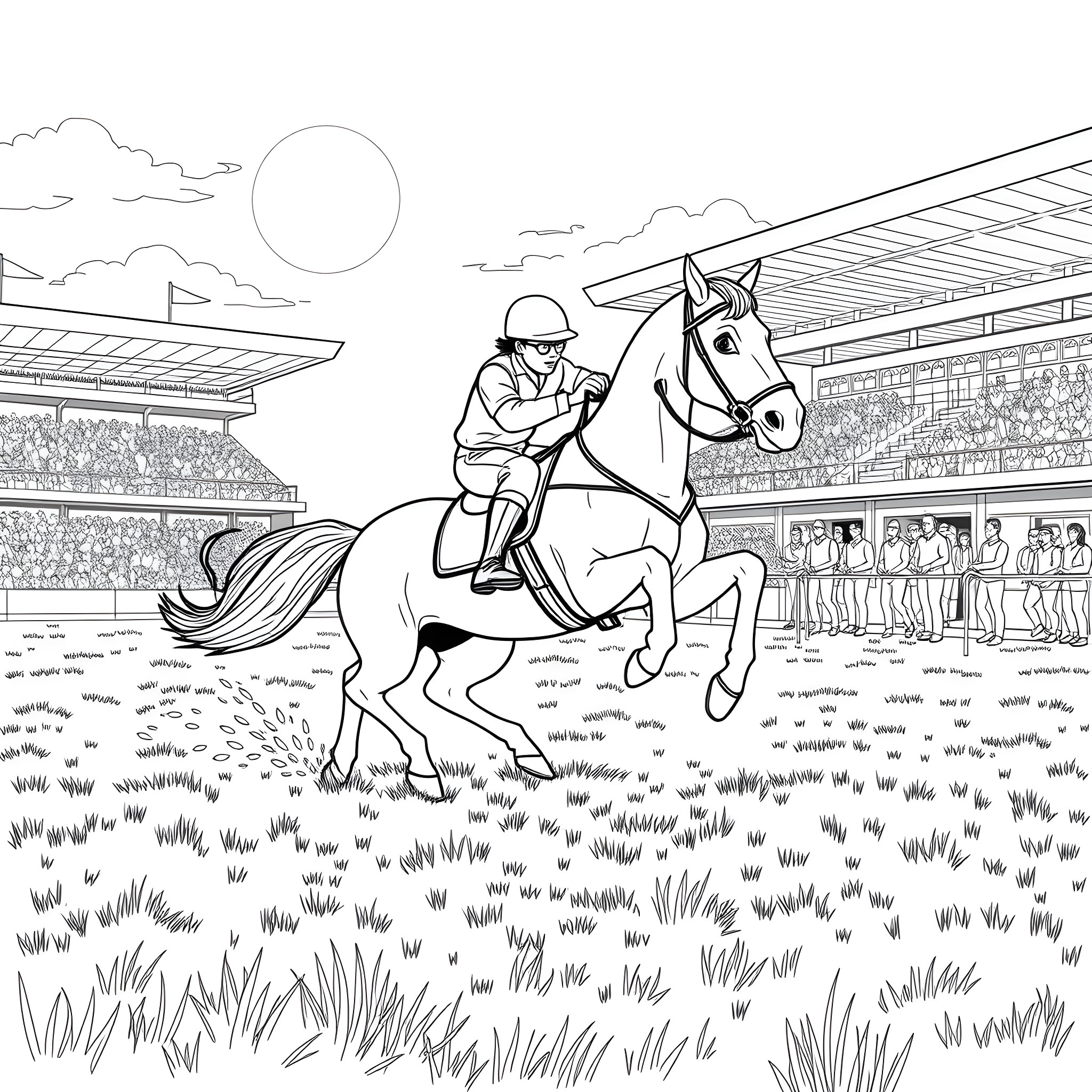 Lightning McQueen Racing Competitively on Horse Coloring Page (free black-and-white line drawing printable PDF for all, from beginners to advanced learners, including children, teens, adults, and seniors)