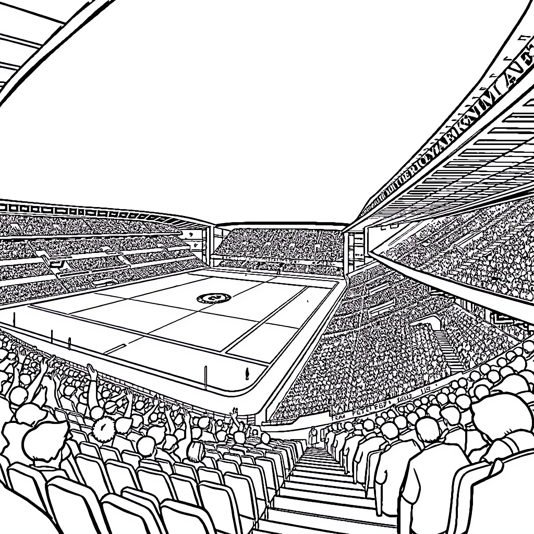 Old Trafford filled with passionate soccer fans Coloring Page (free black-and-white line drawing printable PDF for all, from beginners to advanced learners, including children, teens, adults, and seniors)
