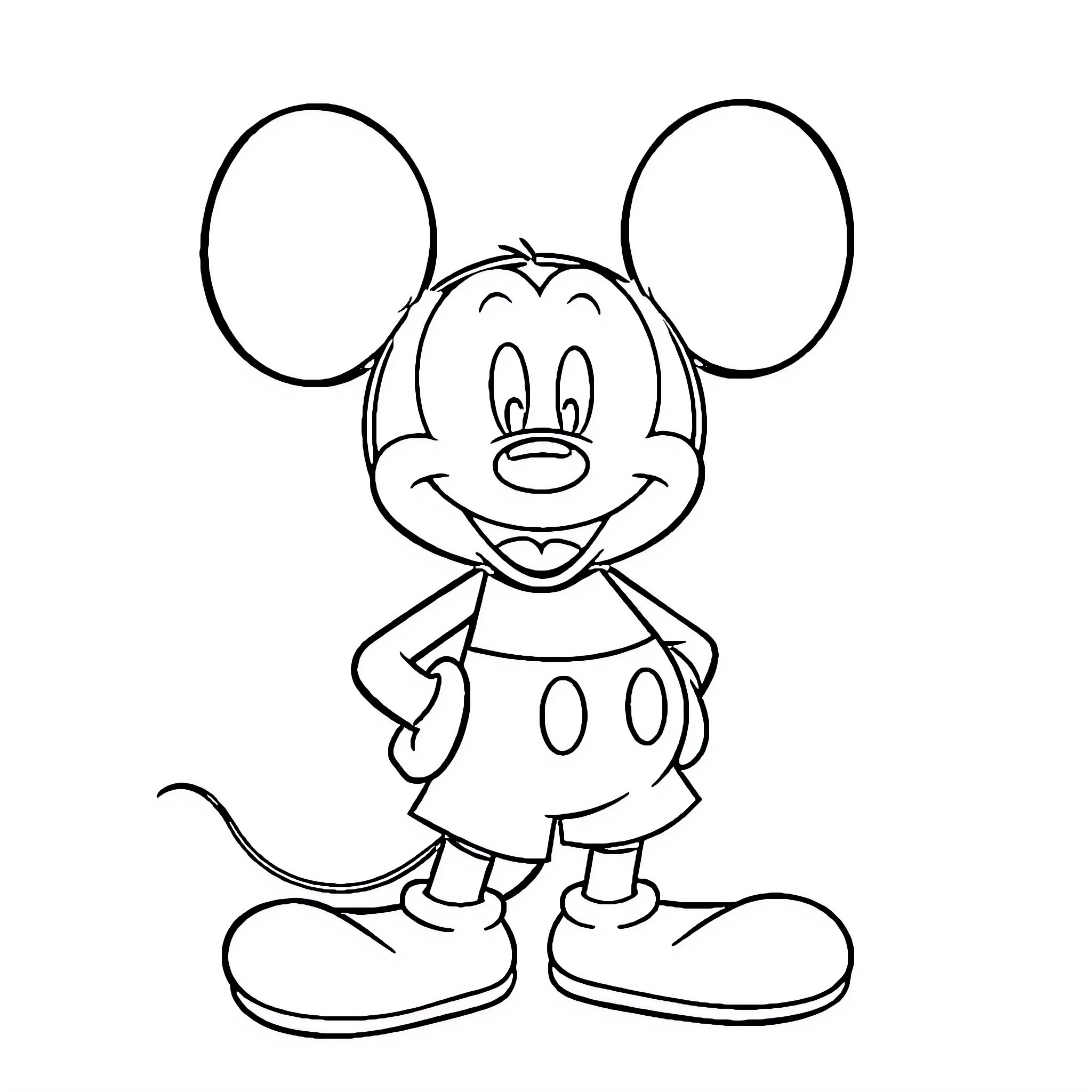 Mickey Mouse smiling and posing happily Coloring Page (free black-and-white line drawing printable PDF for all, from beginners to advanced learners, including children, teens, adults, and seniors)