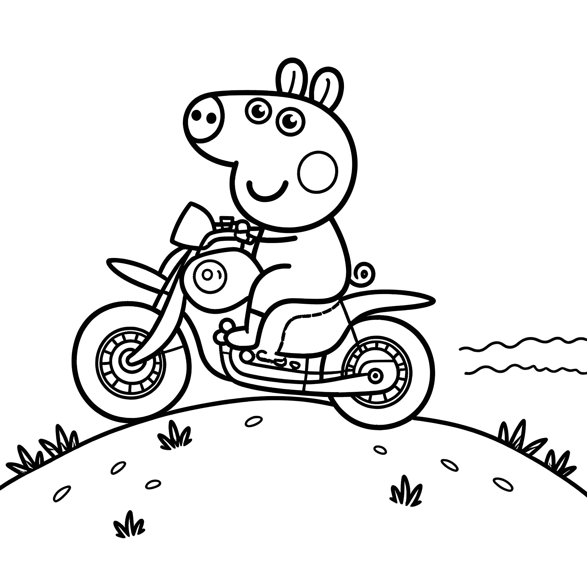 Pepa Pig riding a motorcycle on the countryside Coloring Page (free black-and-white line drawing printable PDF for all, from beginners to advanced learners, including children, teens, adults, and seniors)