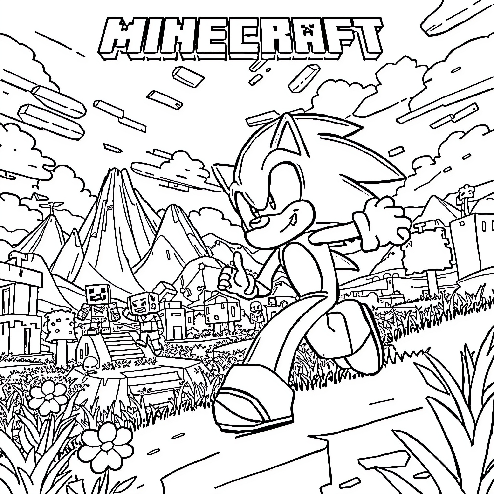 Minecraft character exploring a vibrant landscape Coloring Page (free black-and-white line drawing printable PDF for all, from beginners to advanced learners, including children, teens, adults, and seniors)