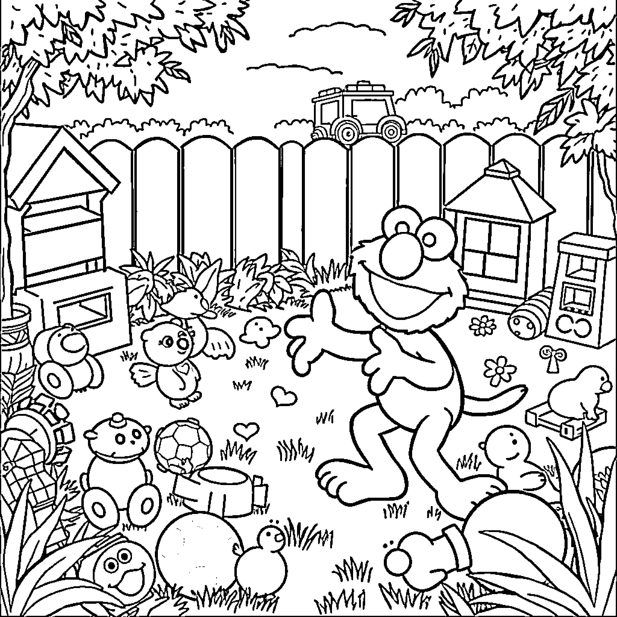 Elmo's Playful Adventure in the Enchanted Backyard Coloring Page (free black-and-white line drawing printable PDF for all, from beginners to advanced learners, including children, teens, adults, and seniors)