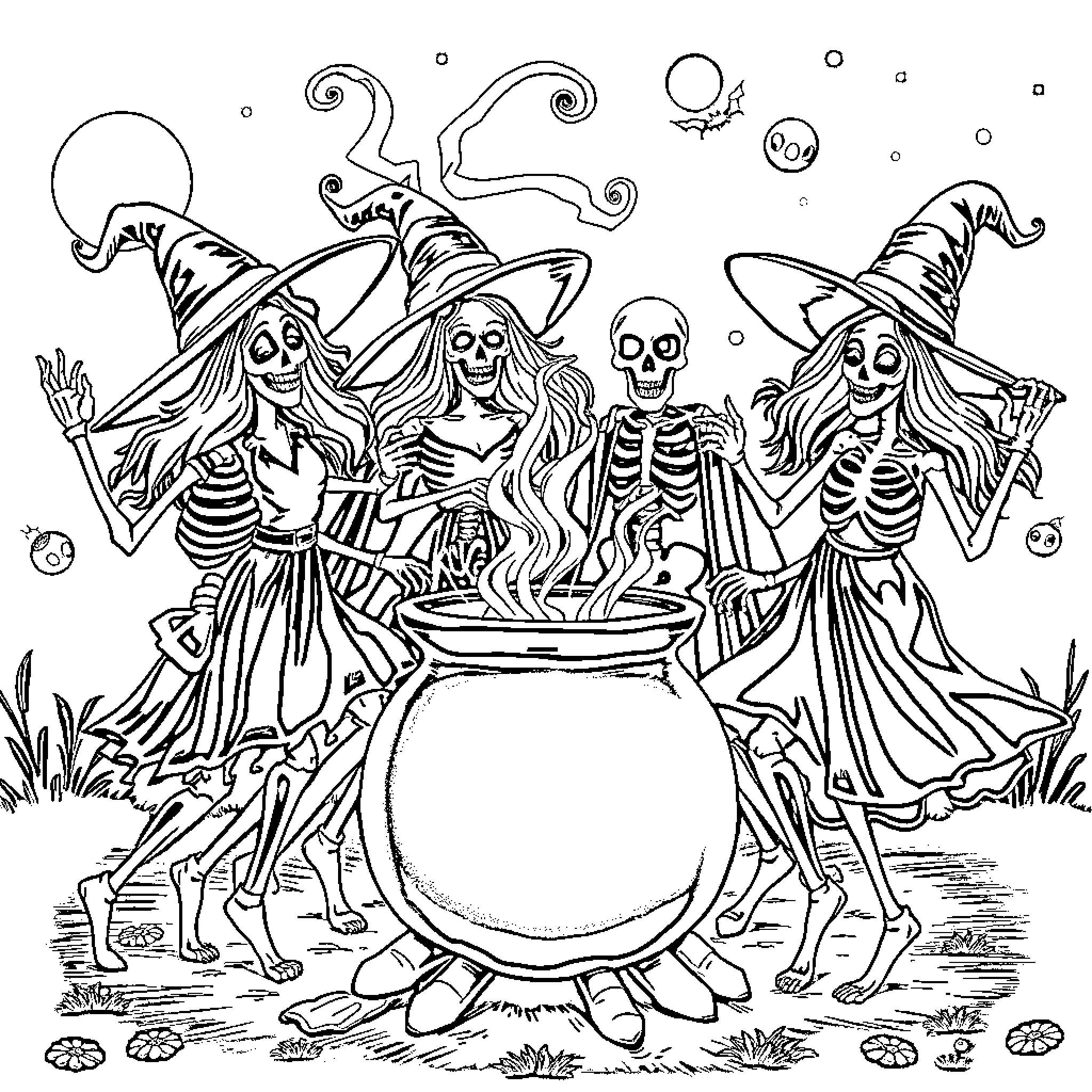 Witch dance around magical cauldron Coloring Page (free black-and-white line drawing printable PDF for all, from beginners to advanced learners, including children, teens, adults, and seniors)