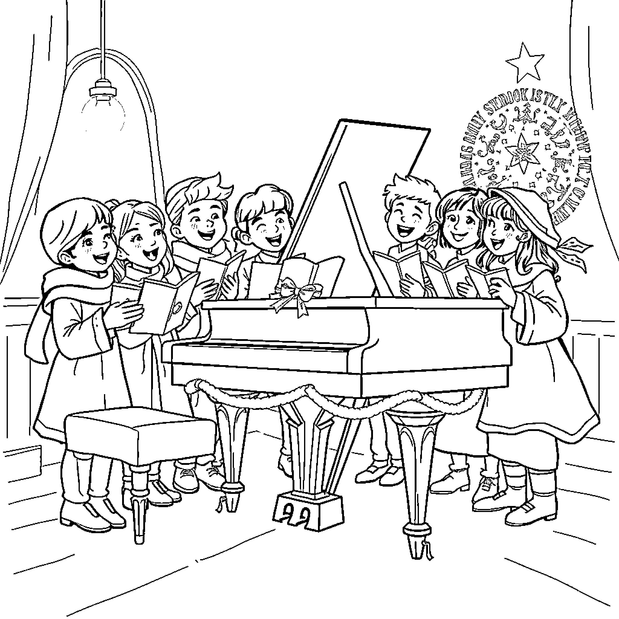 Christmas Carolers Performing at the Piano Coloring Page (free black-and-white line drawing printable PDF for all, from beginners to advanced learners, including children, teens, adults, and seniors)