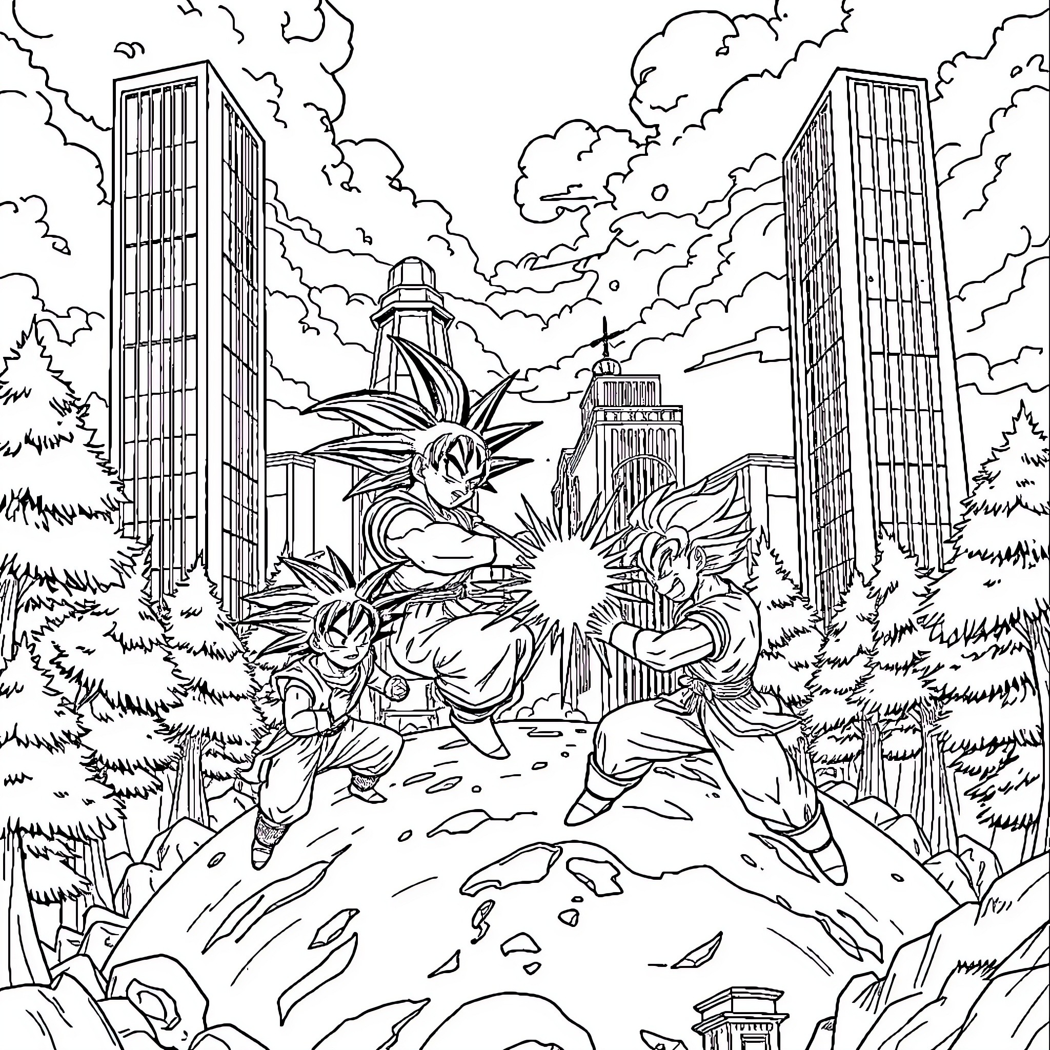 Dragon Ball characters in an epic battle scene Coloring Page (free black-and-white line drawing printable PDF for all, from beginners to advanced learners, including children, teens, adults, and seniors)
