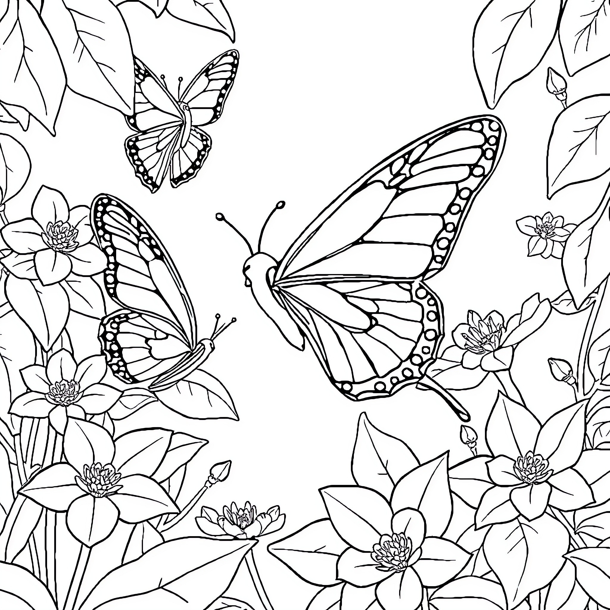 Butterfly garden filled with delicate flowers Coloring Page (free black-and-white line drawing printable PDF for all, from beginners to advanced learners, including children, teens, adults, and seniors)
