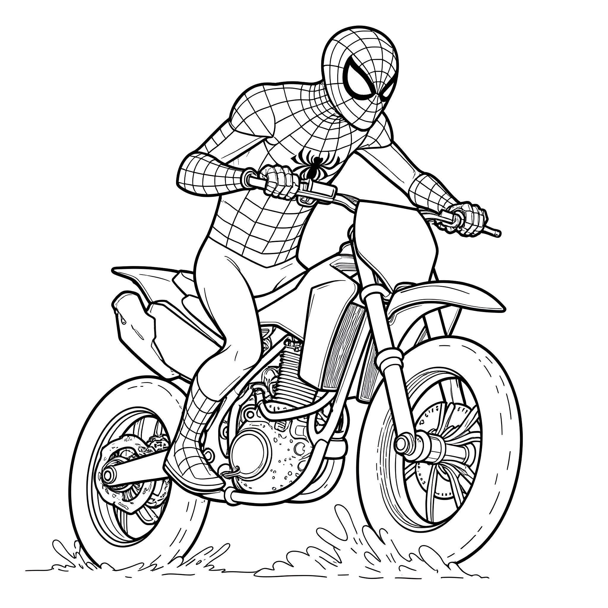 Spiderman riding a motorcycle in action Coloring Page (free black-and-white line drawing printable PDF for all, from beginners to advanced learners, including children, teens, adults, and seniors)