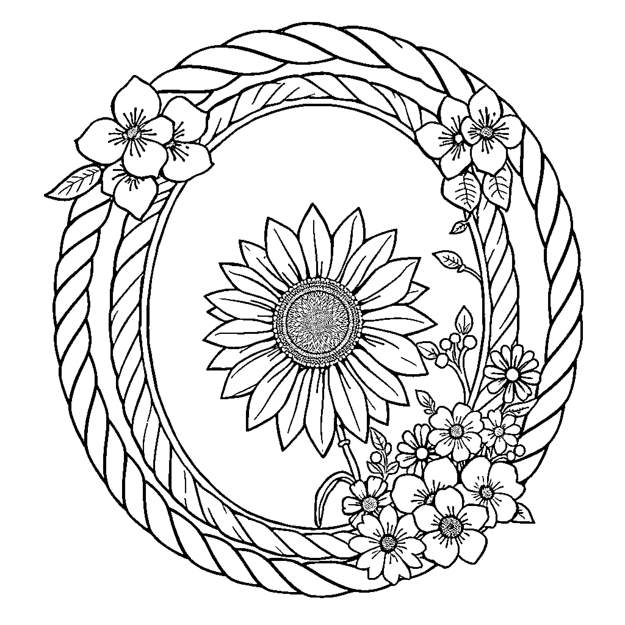Mirror of Floral Beauty Coloring Page (free black-and-white line drawing printable PDF for all, from beginners to advanced learners, including children, teens, adults, and seniors)